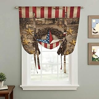 4th of July Tie Up Curtains, Retro USA Flag Star Wreath of Vines Wood Red Striped Adjustable Rod Pocket Balloon Curtains Light Blocking Window Treatment for Kitchen Living Room Bedroom, 34 × 45 in