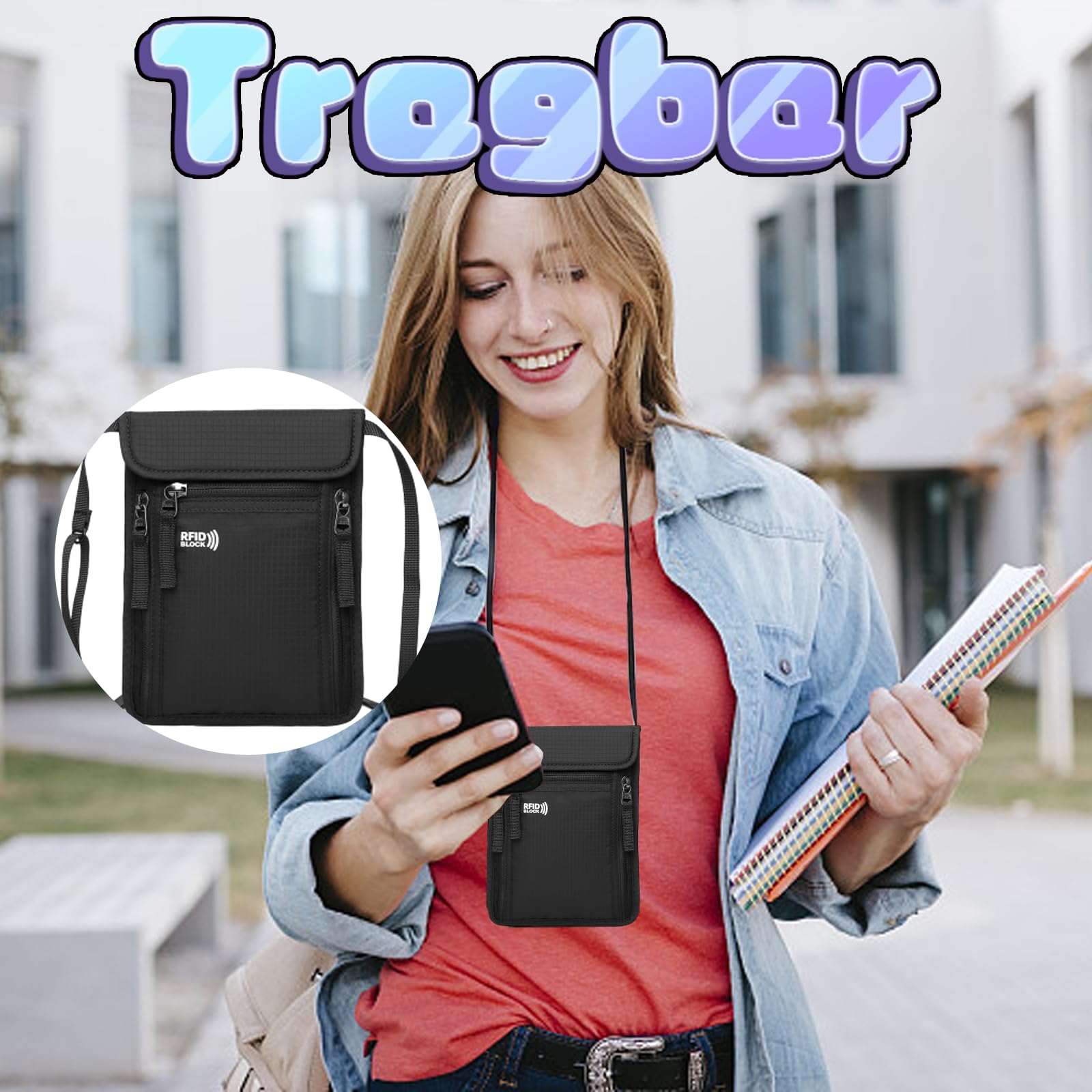 Torebka na klatkę piersiową, torebka podróżna z RFID, wodoszczelna, na klatkę piersiową, dla mężczyzn i kobiet, torba na ramię na smartfon, paszport, karty pieniężne, gotówkę itp, czarny, 15 cm x 20.5