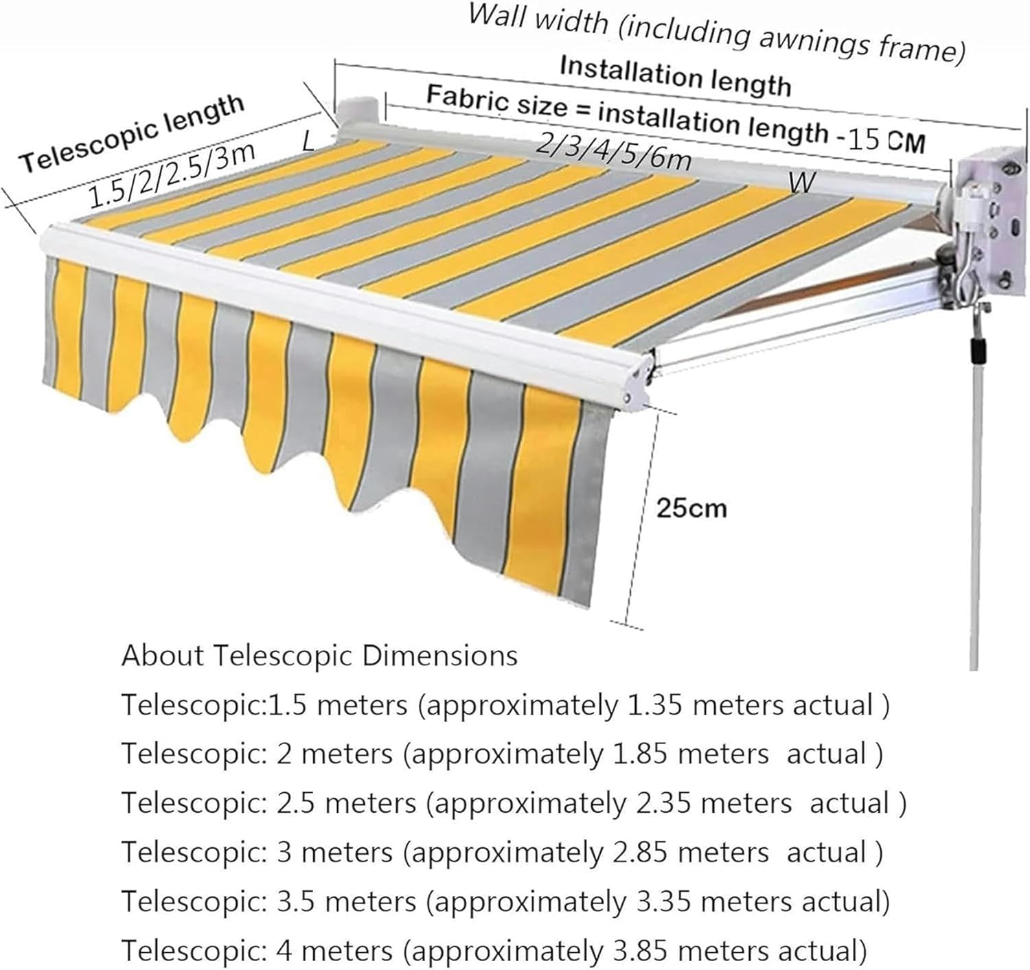 Awnings for Patio Retractable Patio Awning Fabric Replacement Water-Resistant Sun Shade Cover 280g Polyester Cloth for Window Door Market Deck (Fabric Only)