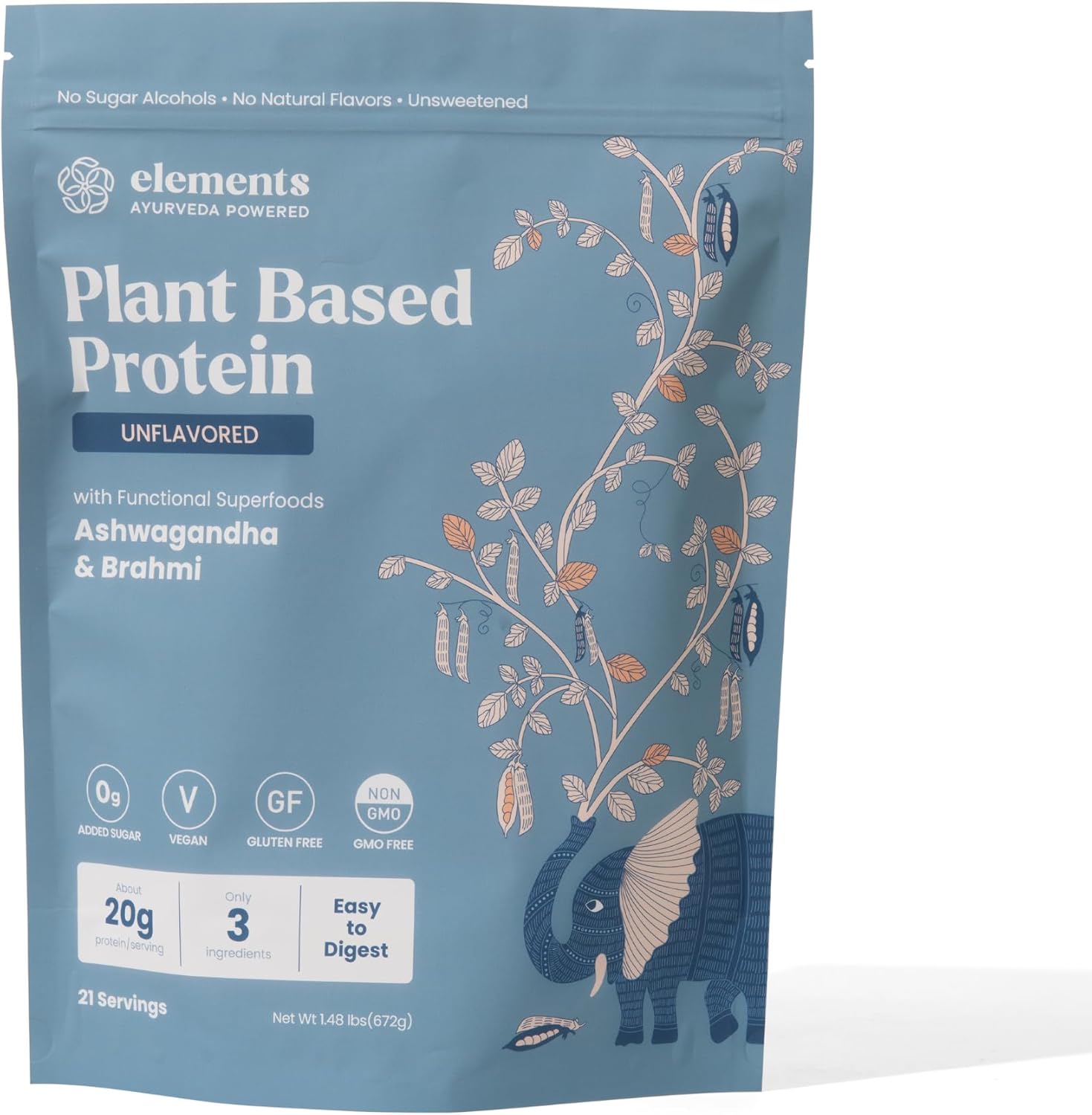 Elements unflavored Plant Based Protein Powder 672g | Vegan, Gluten Free & No Added Sugar | 20g Easy to Digest Protein | Enriched with Organic Ashwagandha & Brahmi | Ideal for 21 Servings