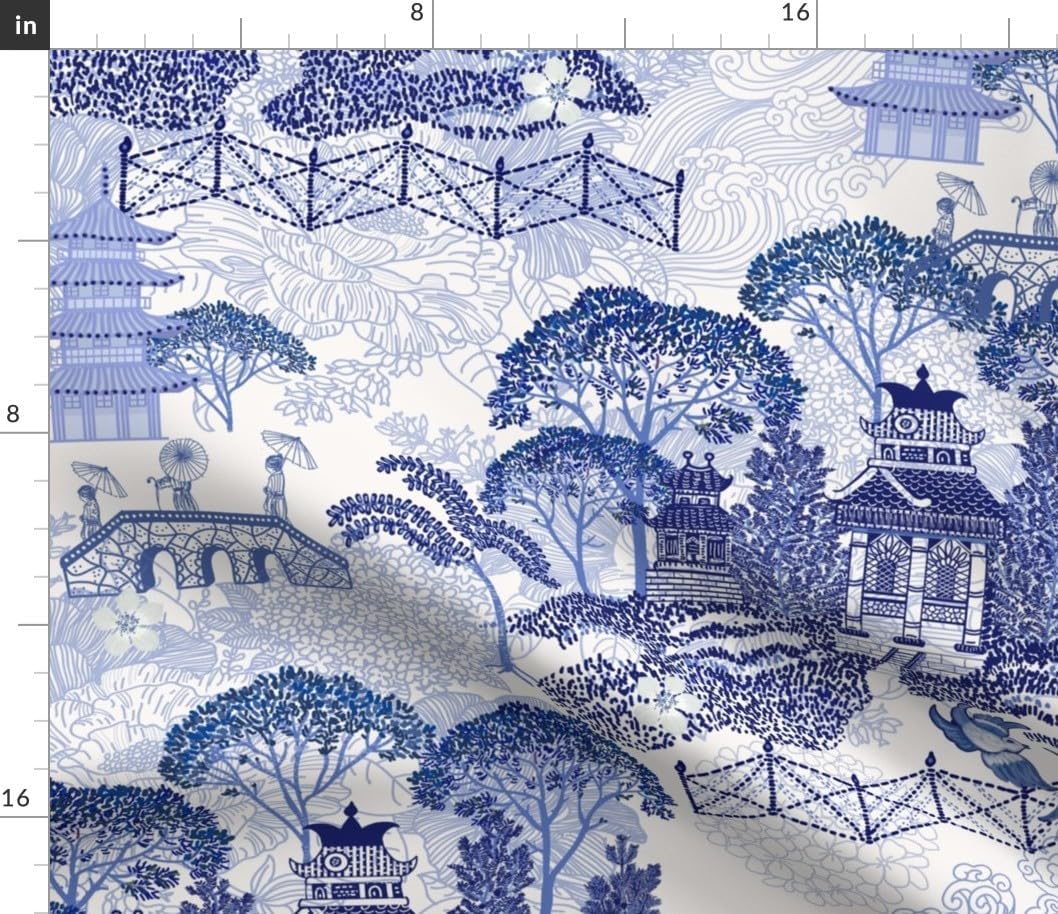 Spoonflower Fabric - Chinoiserie Blue White Pagoda Antique Indigo Garden Traditional Printed on Petal Cotton Fabric Fat Quarter - Sewing Quilting Apparel Crafts Decor