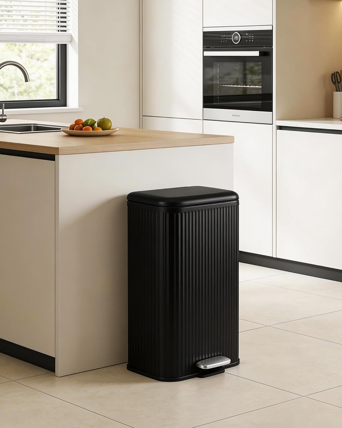 Chic Fluted Step Trash Can – 30L Black Stainless Steel, Soft-Close Lid, Removable Inner Bucket, Rectangular Recycling Bin for Office, Living Room, Bathroom – 35x29x61.5cm, Black