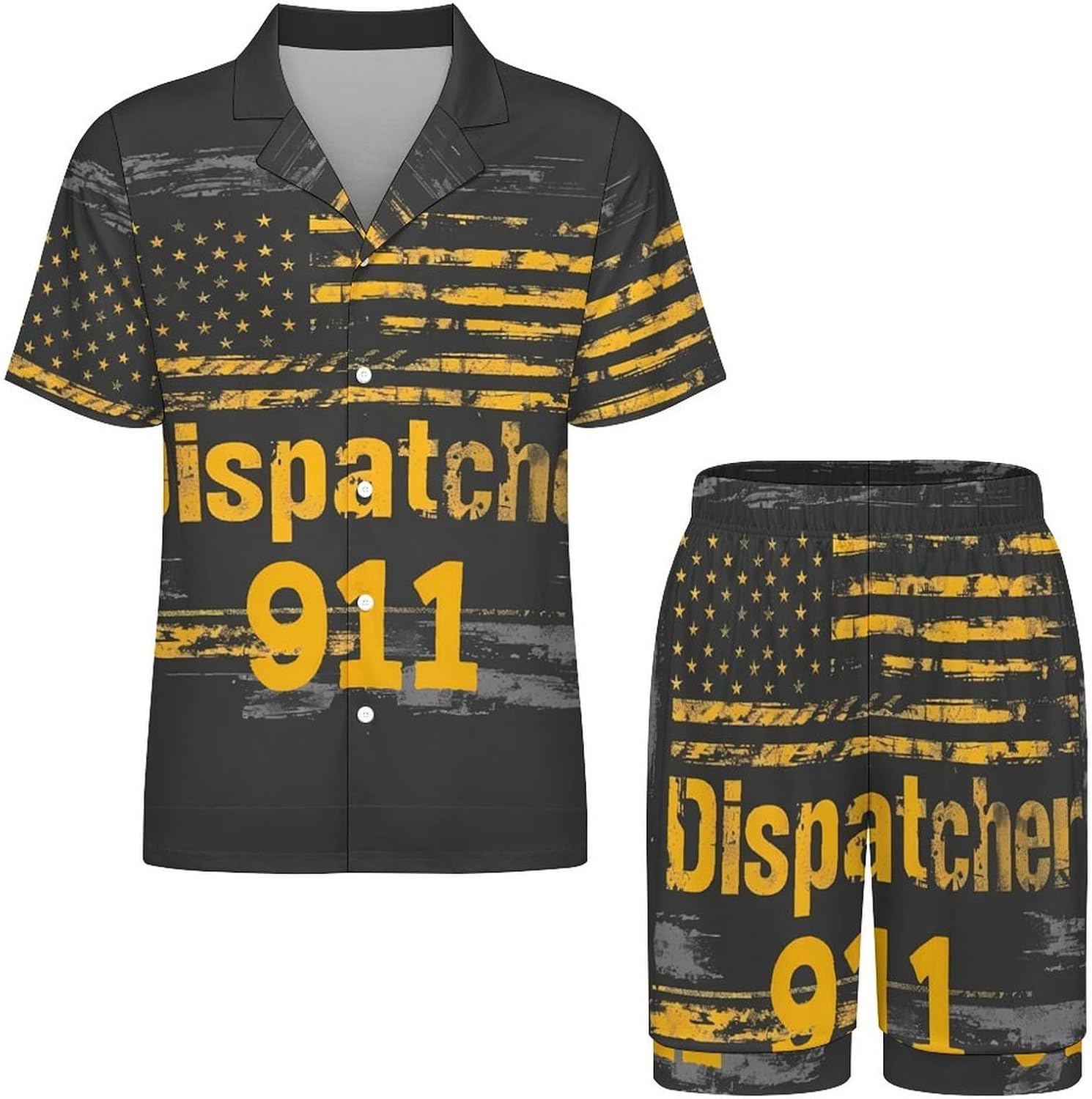 911 U.S. Flag Dispatcher Men's Short Sleeve Pajama Set Satin Silk Like Lounge Sleepwear