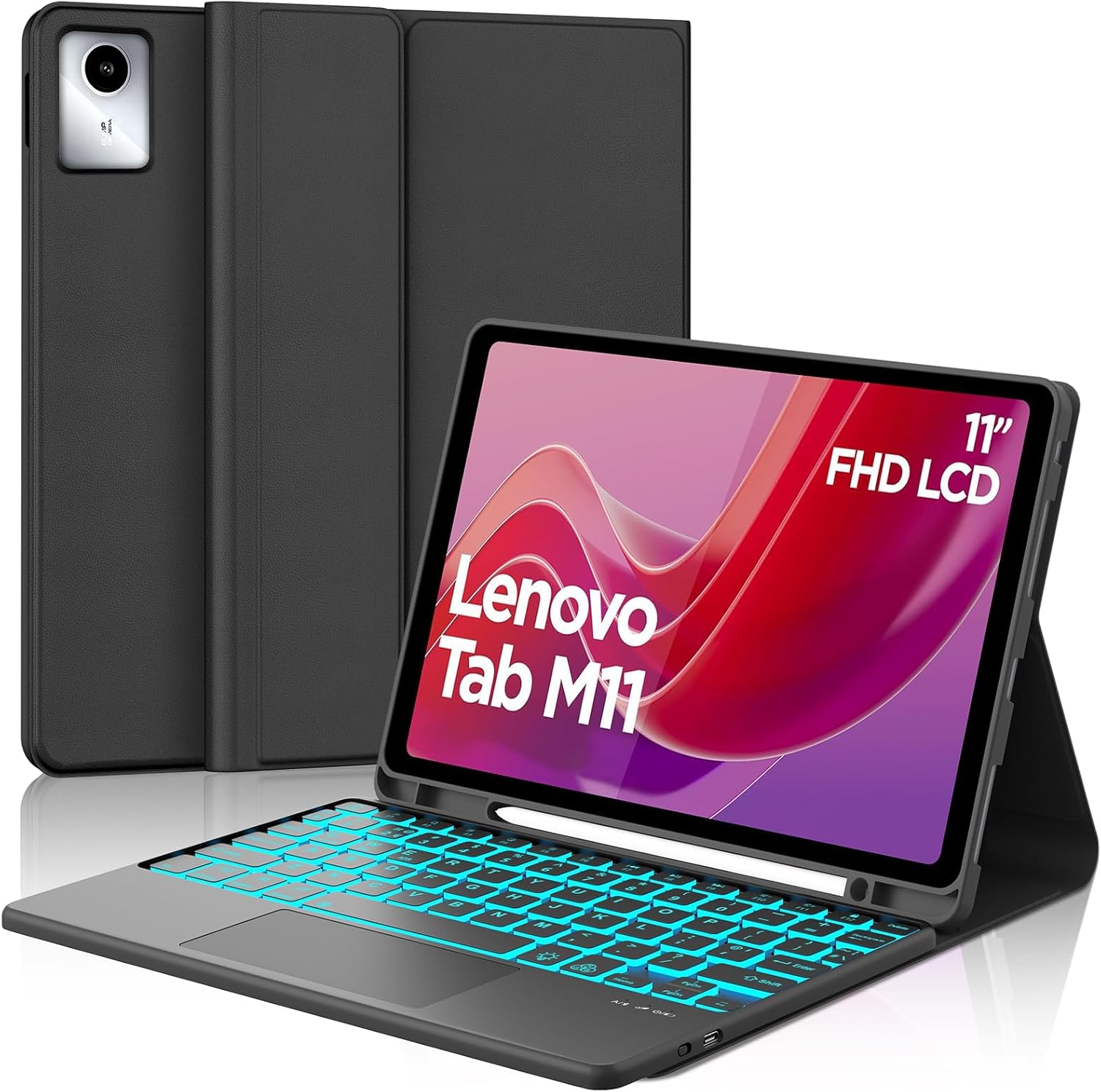 Touch Keyboard Case for Lenovo Tab M11 / K11 LTE 11 Inch 2024, 7-Color Backlit, Magnetic Detachable Wireless Keyboard, Folio PU Leather Case with Pencil Holder Auto Wake/Sleep, Multi-Angle Kickstand