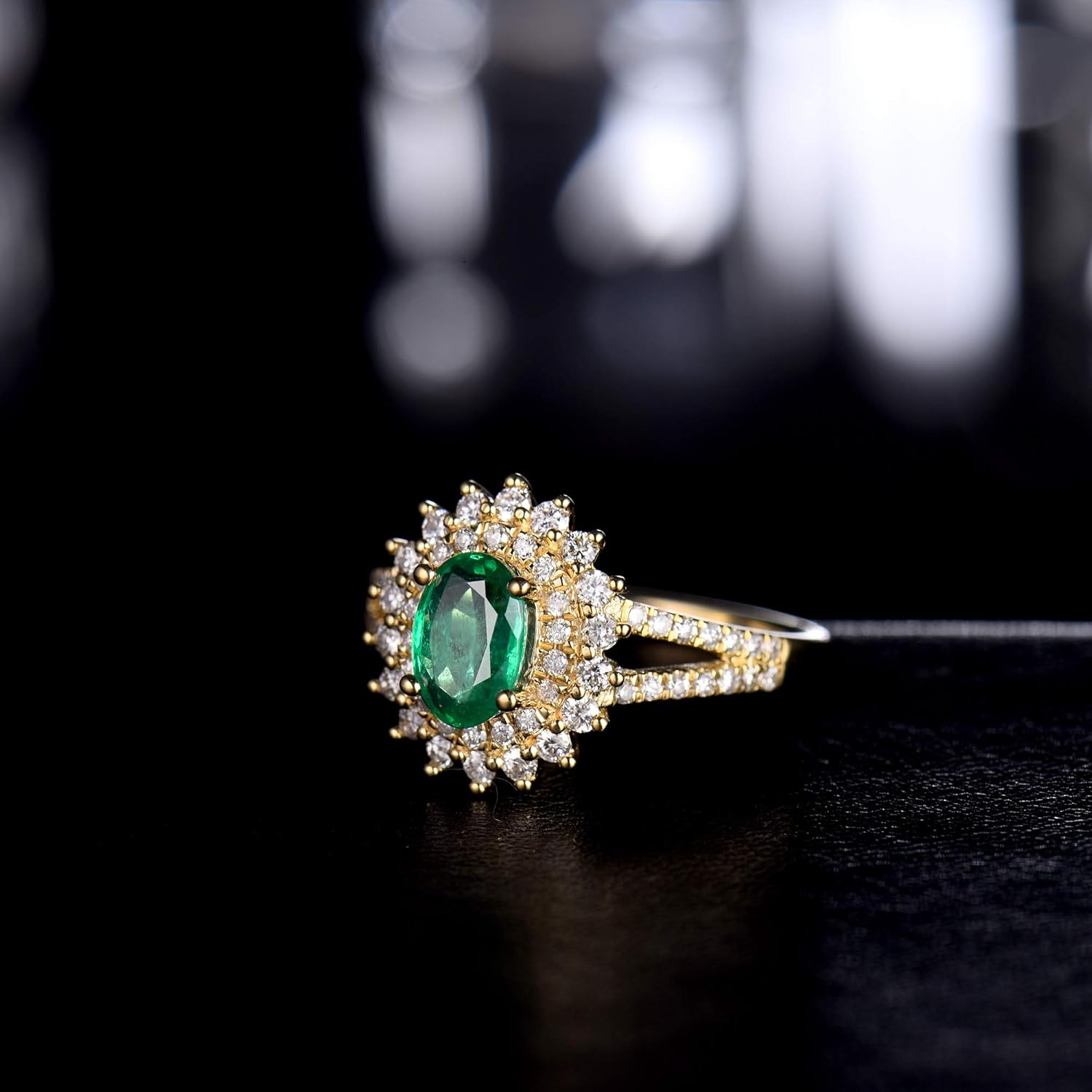 Genuine Natural Oval Shape 5x7mm Emerald Engagement Diamond Ring Solid 18K Yellow Gold Ladies Women Rings