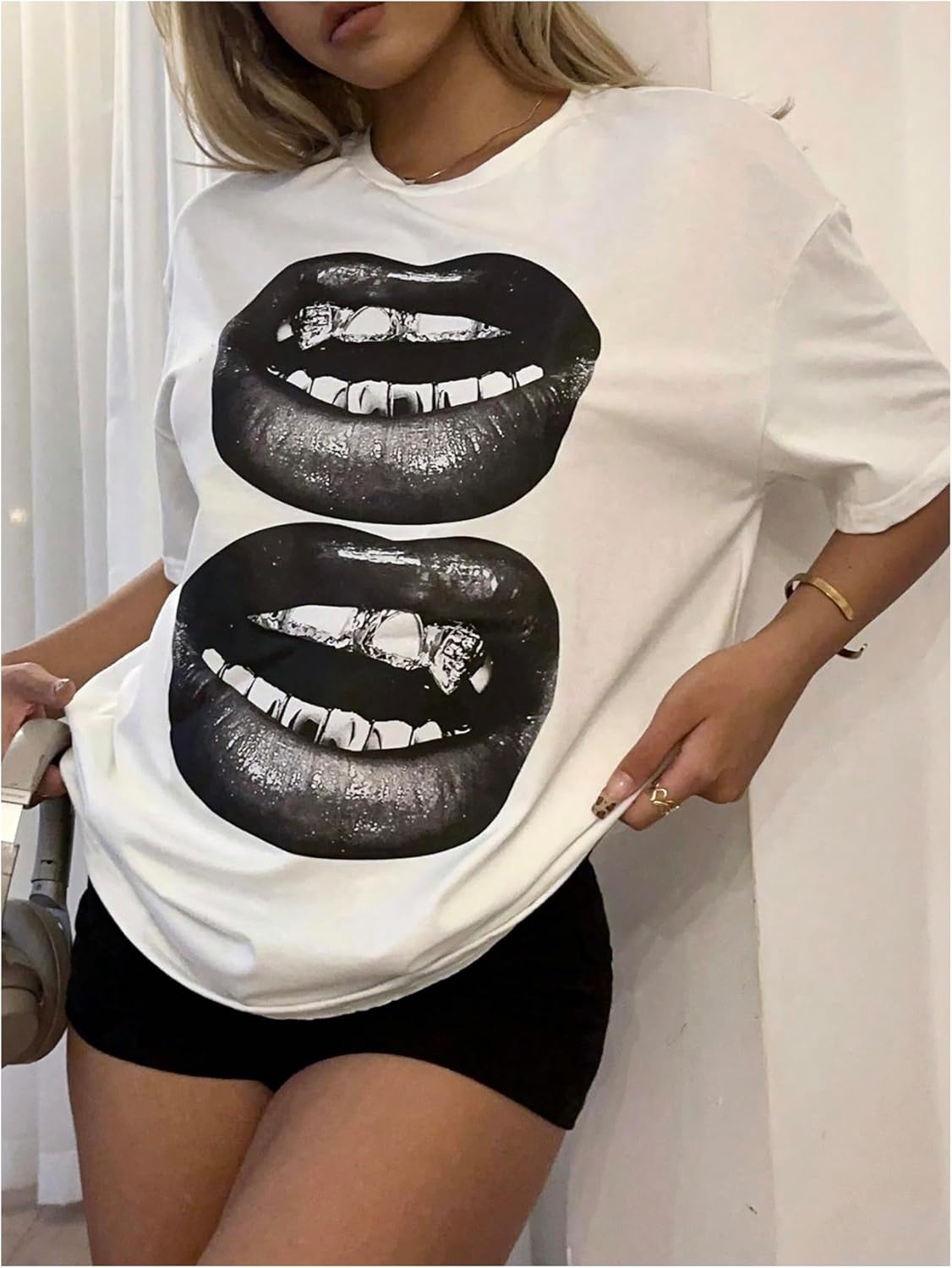 Floerns Women's Lips Print Half Sleeve T Shirts Oversized Summer Tee Shirts - Image 4