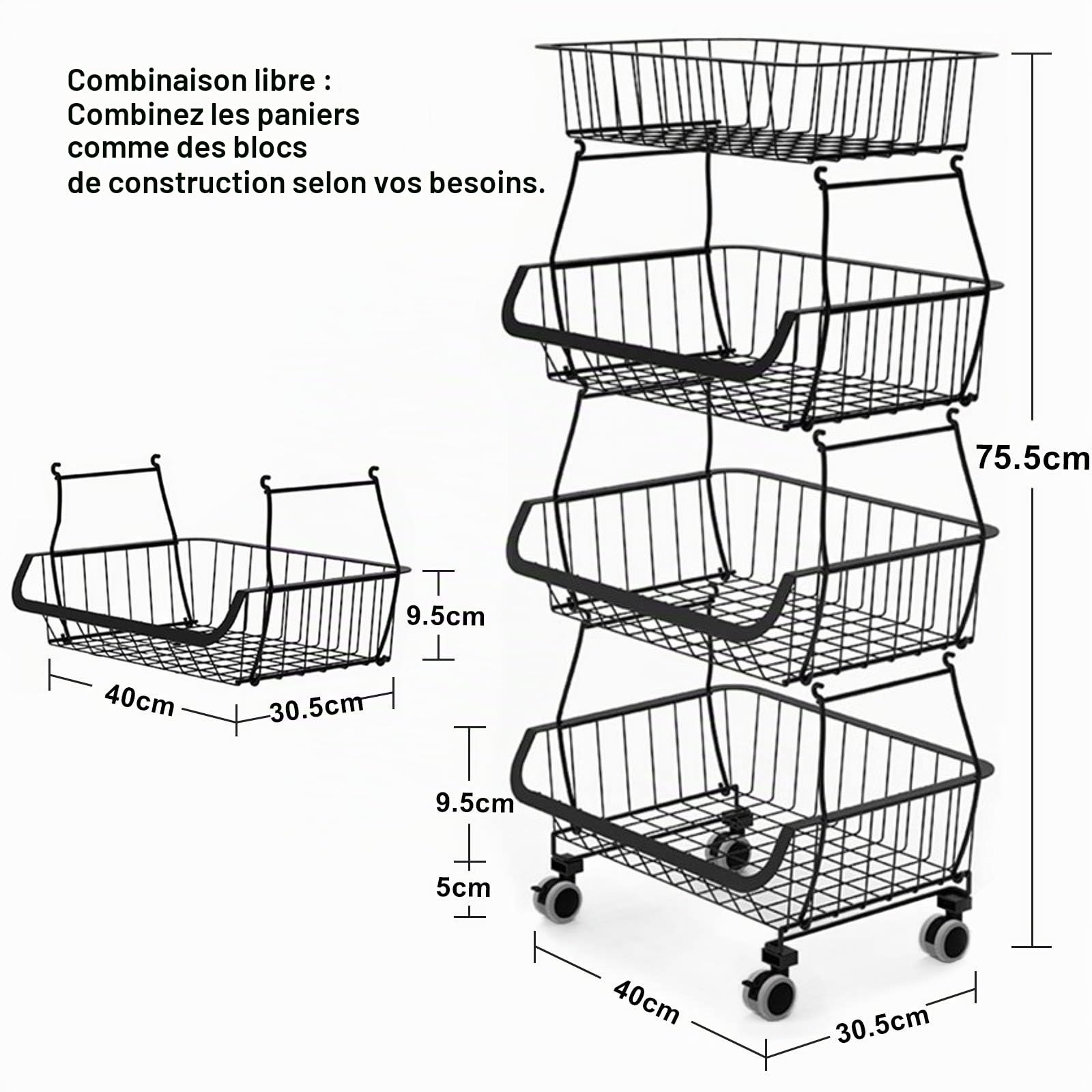 BRIAN & DANY Porte-Fruits avec Roues et Couvercle, Support Utilitaire de Panier de Fruits Roulant empilable à 4 Niveaux, paniers de Cuisine avec Roues