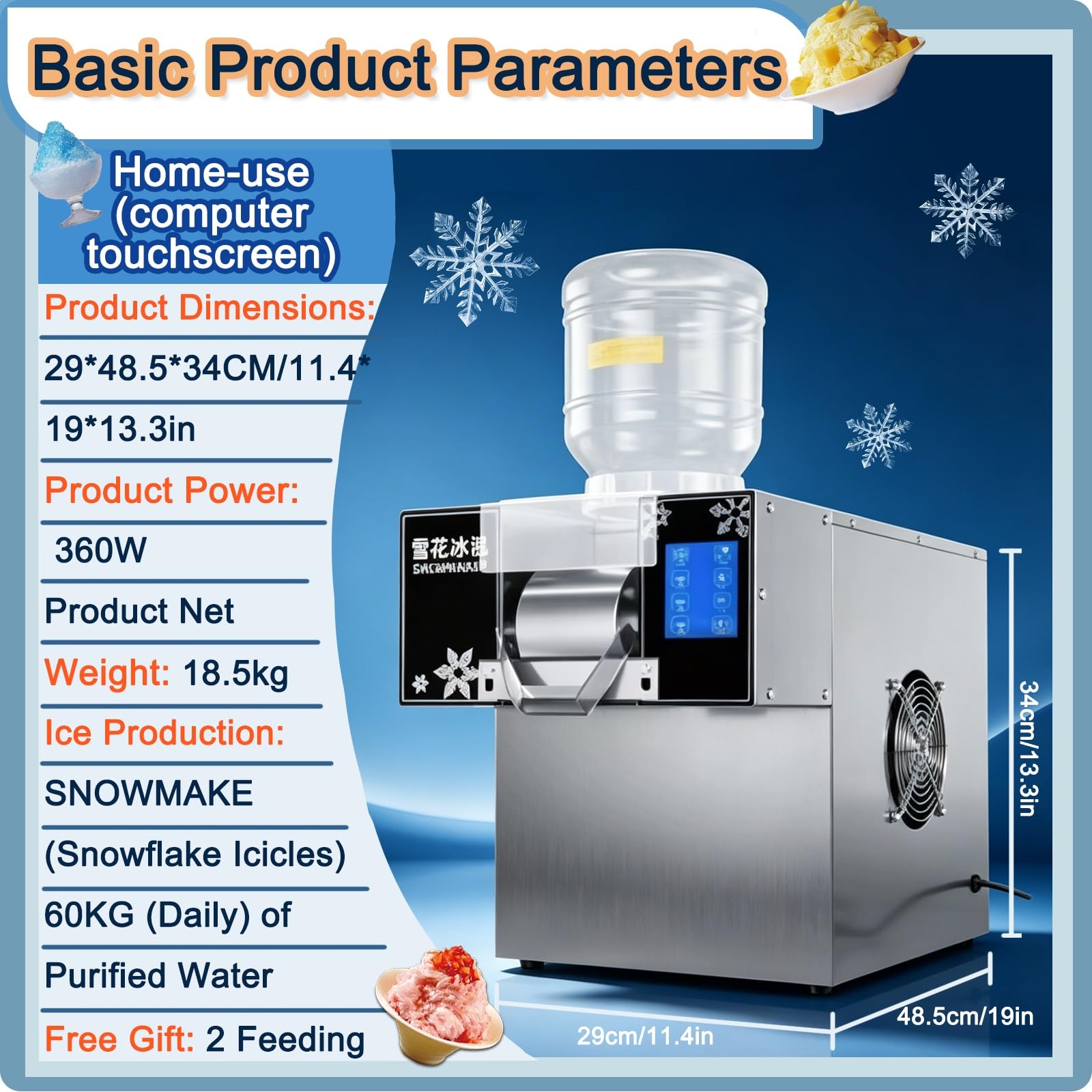 Máquina Bingsu Automática, Fabricador de Hielo en Escamas | Enfriamiento Veloz, Trituradora Eléctrica HoReCa 360W/750W , Panel Digital , Textura Fina Suave(360W)
