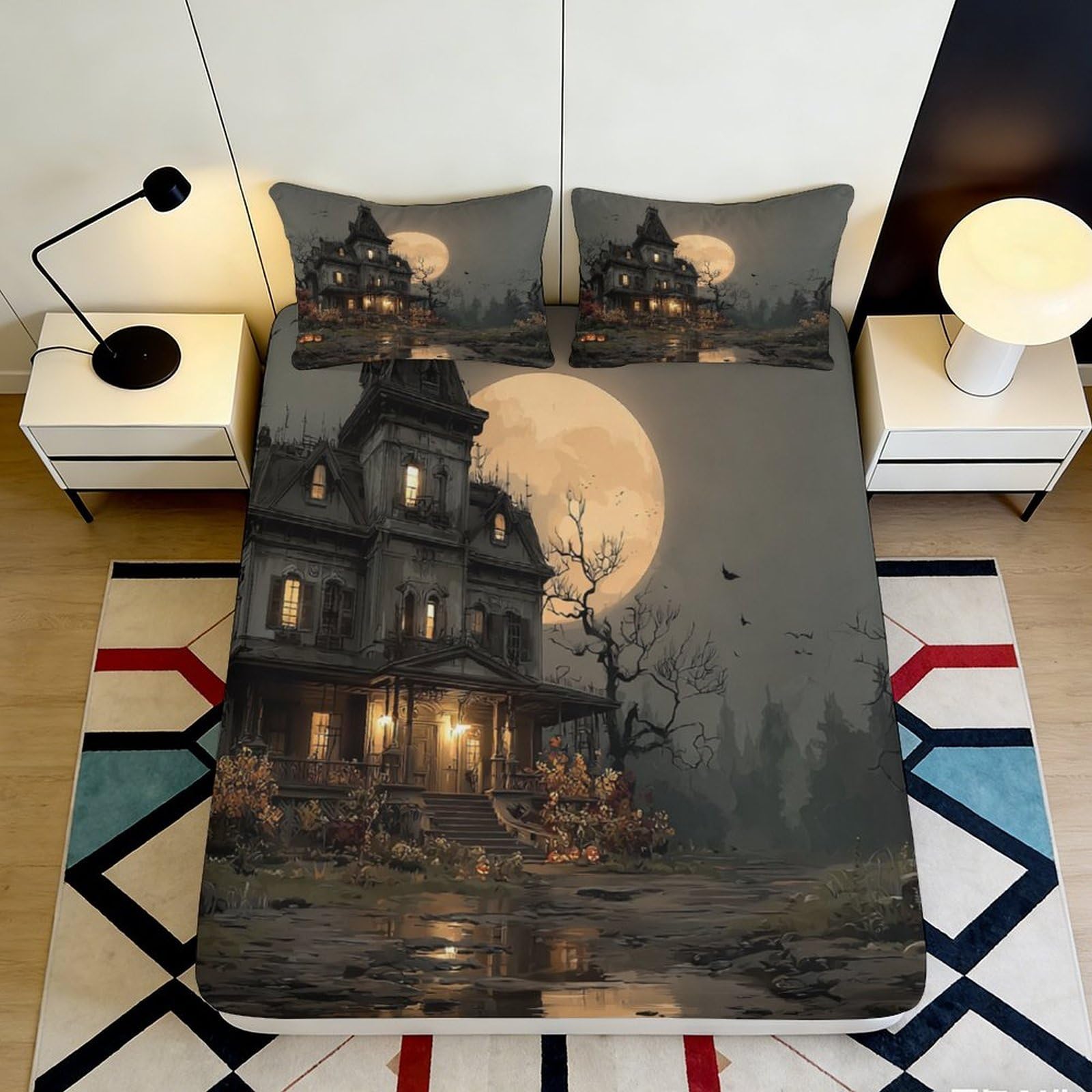 Uxinyoume Style-6 3D Printed Haunted Mansion Fitted Sheet Microfiber Soft Gothic Moonlight Mattress Cover For Bedroom Dorm Decor 90X200x25cm