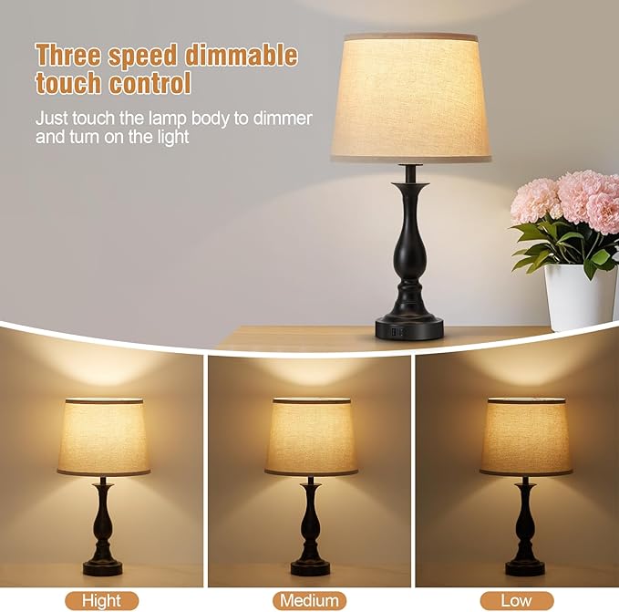 Lauag Bedside Table Lamp Touch Control Bedroom Lamps with USB-C USB-A Charging Port 3 Way Dimmable Touch Lamps for Nightstand Living Room Bedroom Dorm Home Office Reading, Set of 2 photo 6