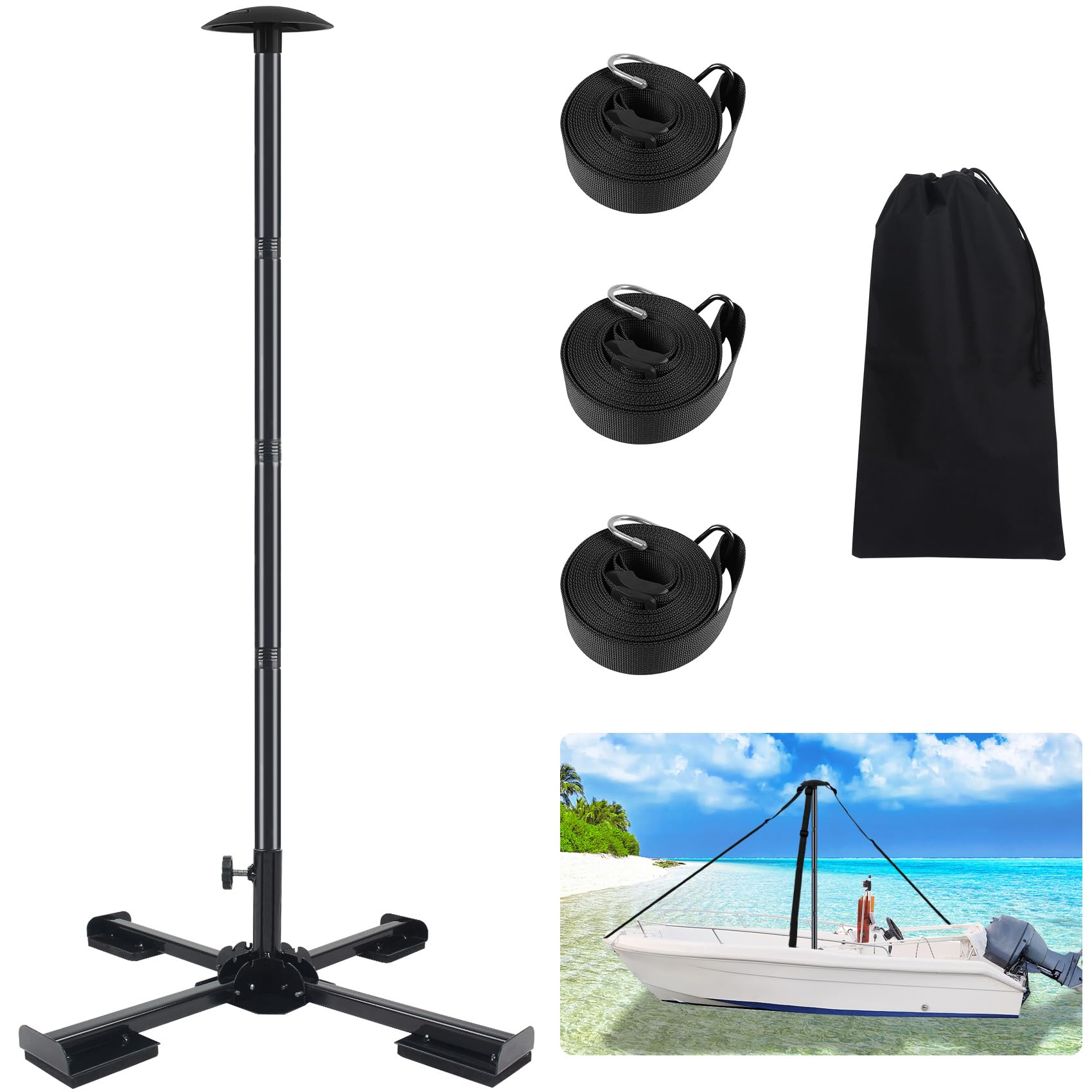VEITHI Boat Cover Support Poles Heavy Duty, 16” to 59” Stainless Steel Pontoon Boat Cover Support with Metal Cross Base, Adjustable Strap - Black
