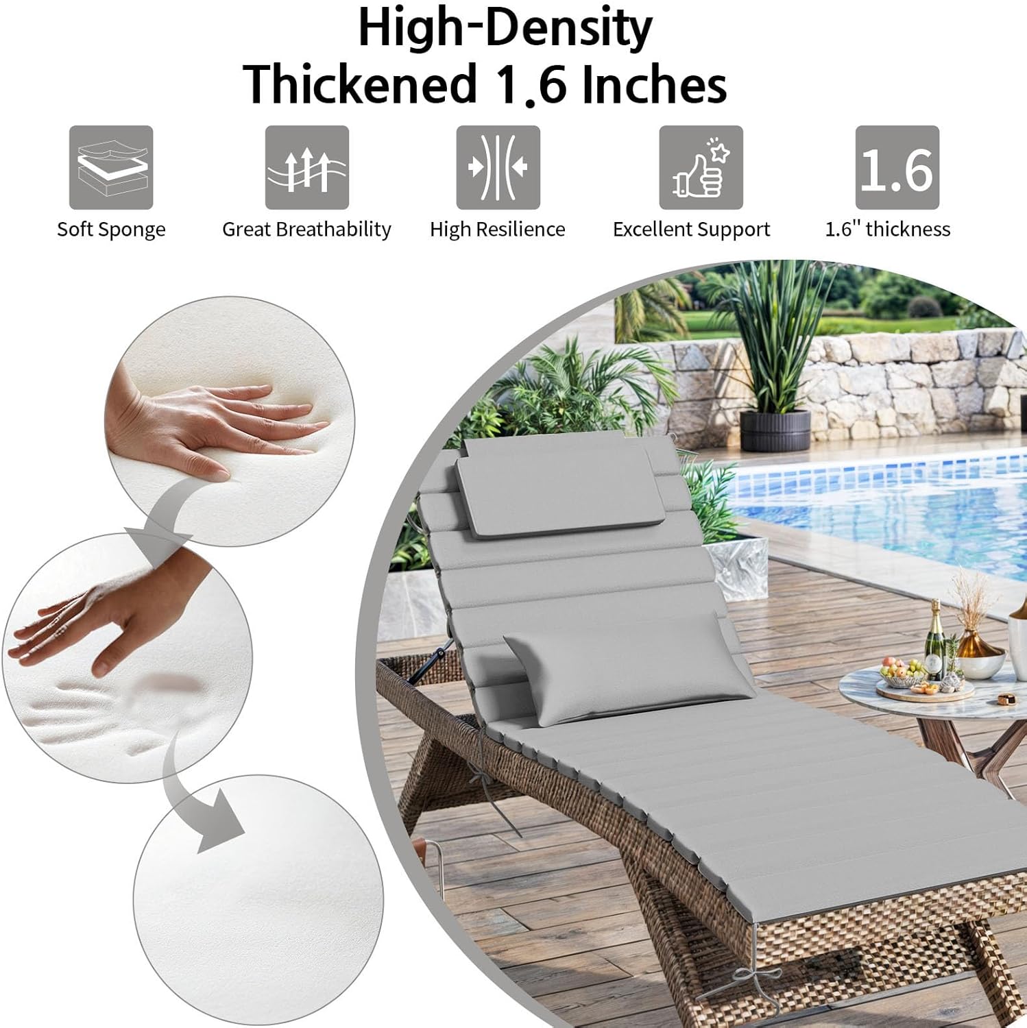 2PCS Outdoor Water-Resistant Olefin Chaise Lounge Cushions with Pillow, Weather and Fade Resistant Foldable Quilted Patio Reclining Lounger Chair Cushions with Straps, Light Gray, 81"L x 27"W