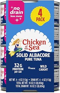 Chicken of the Sea Wild Caught Solid White Albacore Tuna No Drain 4 oz Cans 4-Pack - 32g Protein Keto Paleo Friendly