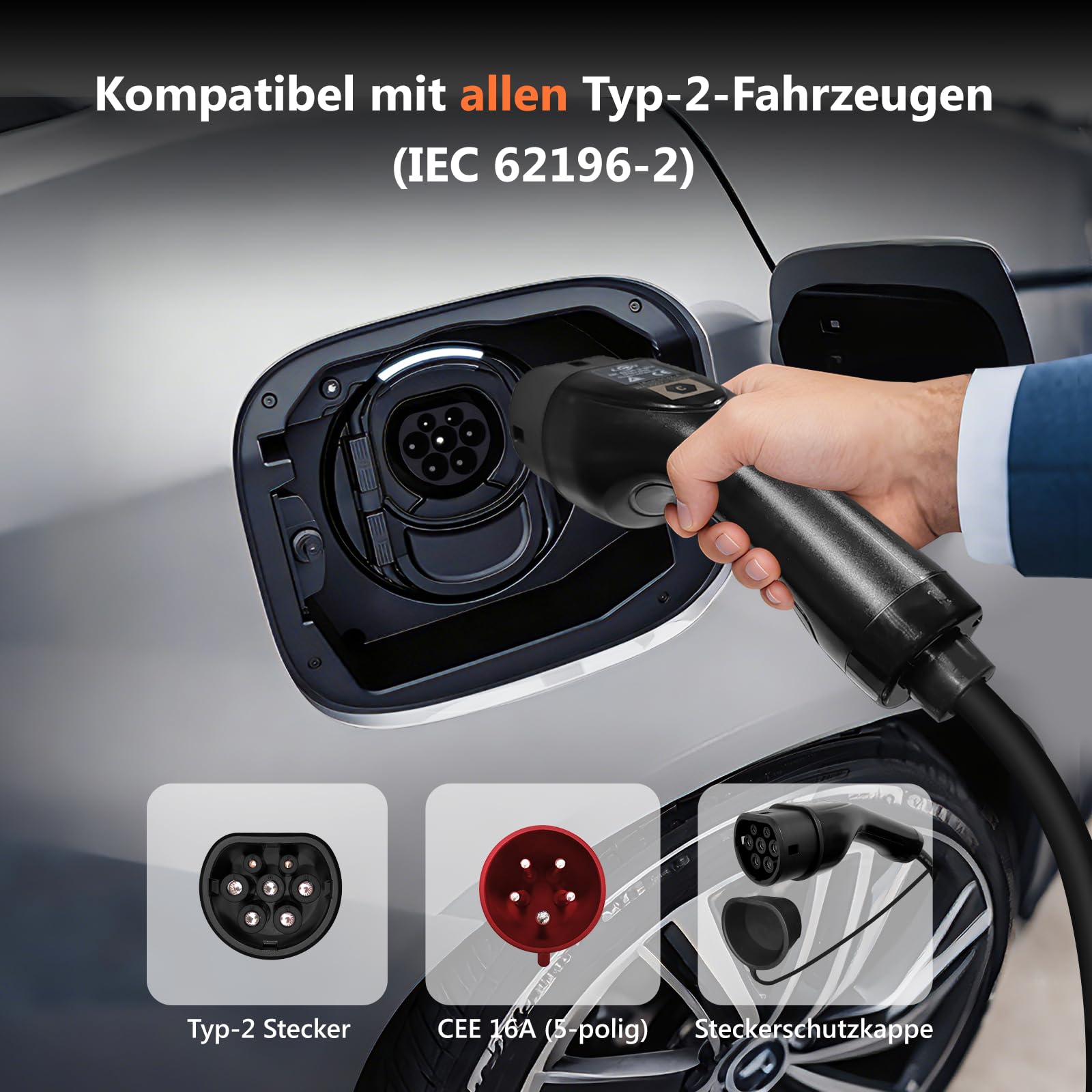 Mobile Wallbox 11kW mit App, [3-Phasig, 7m, 8-16A] Einstellbarer Ladegerät mit FI Schutzschalter, CEE 16A auf Typ 2 Ladekabel, 1,9" LCD EV Charger mit Schuko Adapter, IP66 Wandmontage Ladestation