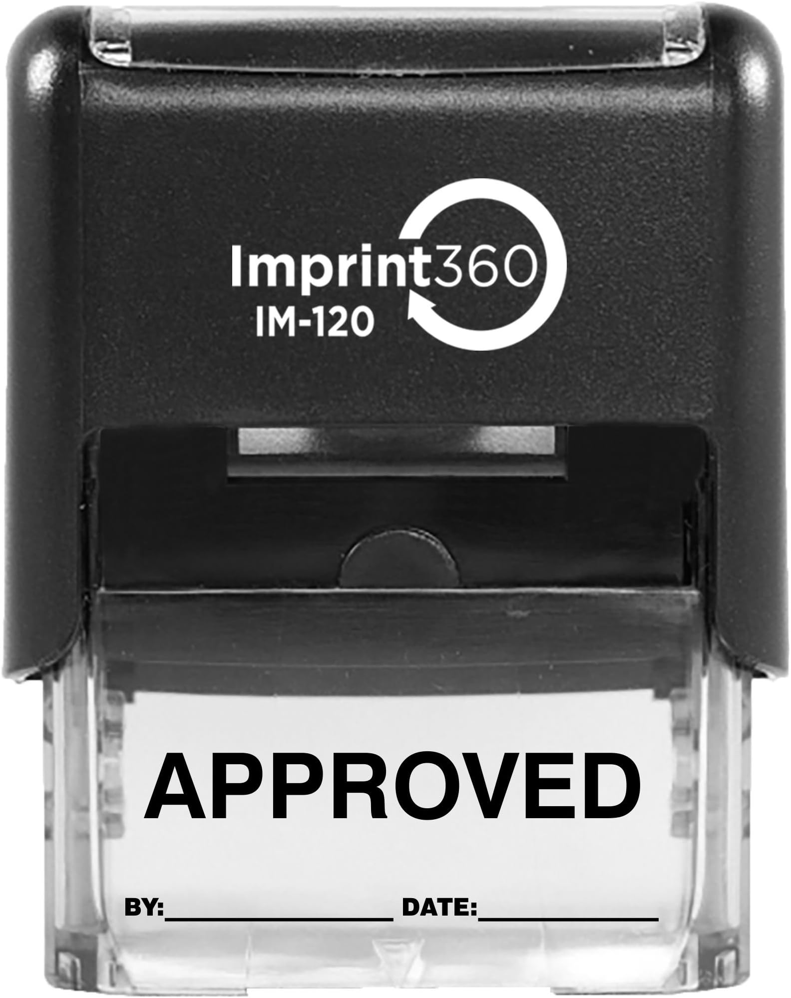 AS-IMP1102K - Approved Stamp with by: & Date:, Black Ink, Heavy Duty Commerical Self-Inking Rubber Stamp, 9/16" x 1-1/2" Impression
