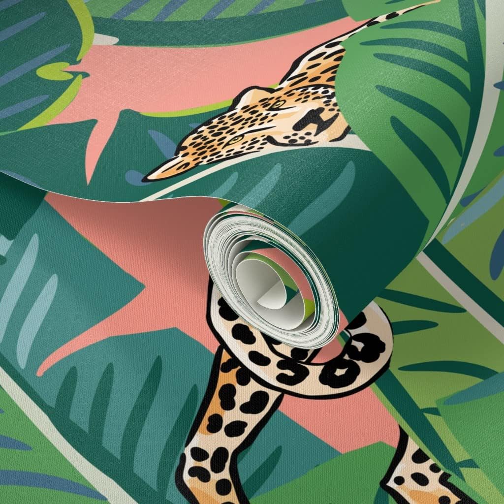 Peel & Stick Wallpaper 3ft x 2ft - Leopard Print Tropical Banana Leaves Bright Peach Tiger Safari Custom Removable Wallpaper by Spoonflower
