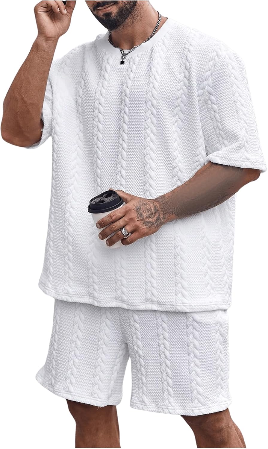 GORGLITTER Men's Big and Tall Vacation Beach Outfits Cable Knit Short Sleeve T Shirt Shorts Set - Image 5