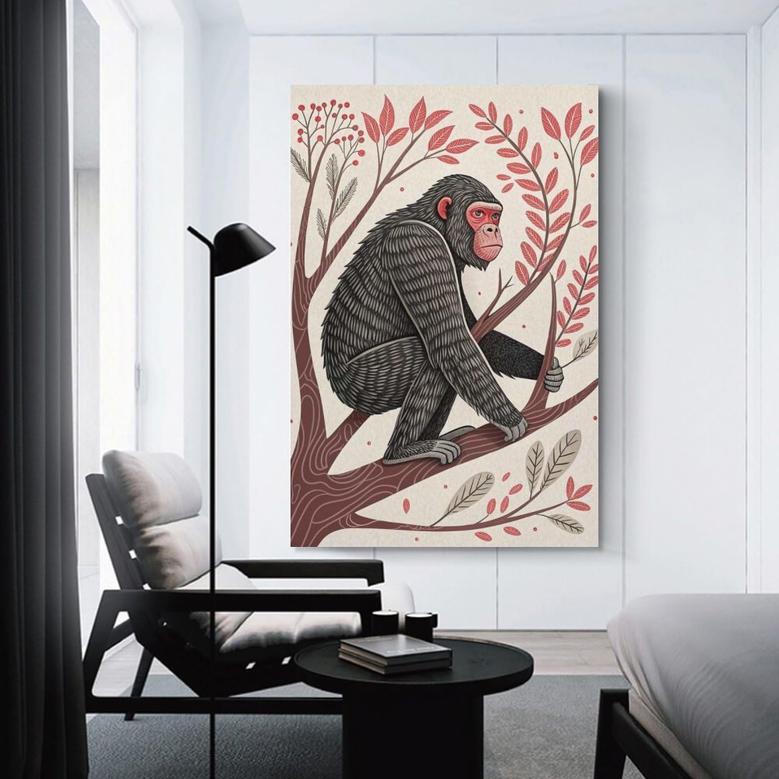 Junmoney Chimpanzee Sitting on A Tree Branch Wall Picture Print 16x24inch(40x60cm), for Corridors, Hallways Or Apartment Entries, Decorative Canvas Styling for Entry Areas