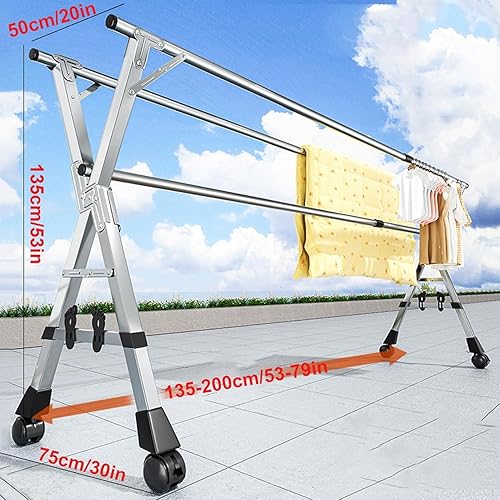 Miniatura 7 de Estante de secado de ropa de acero inoxidable, estante portátil de lavandería de 94 pulgadas con ruedas, estante interior ajustable que ahorra