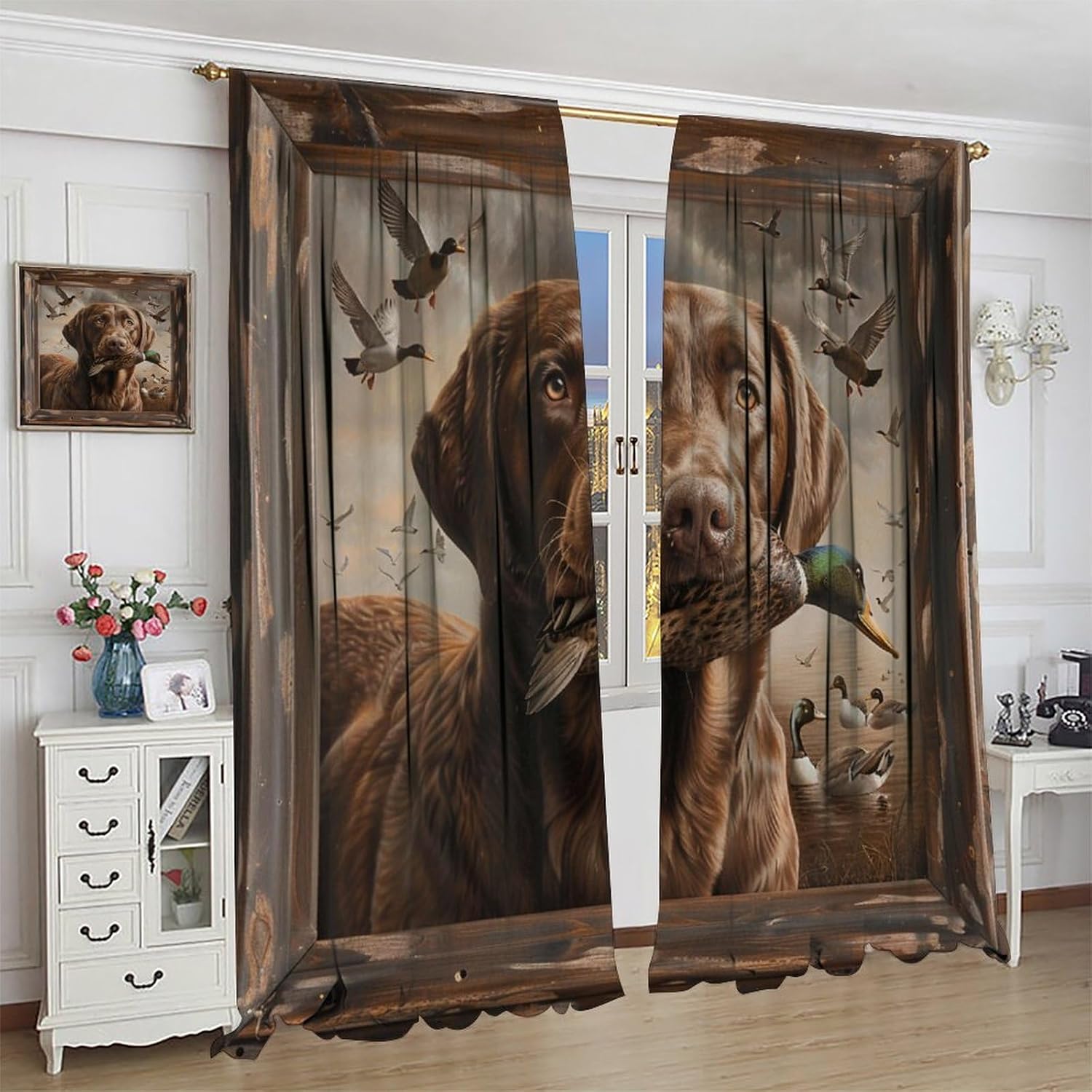 Chocolate Labrador Blackout Curtains, Mallard Duck Dog Nature Animal Curtains Rod Pocket Thermal Insulated Window Drapes for Bedroom/Living Room, 21W x 45L, 2 Panels