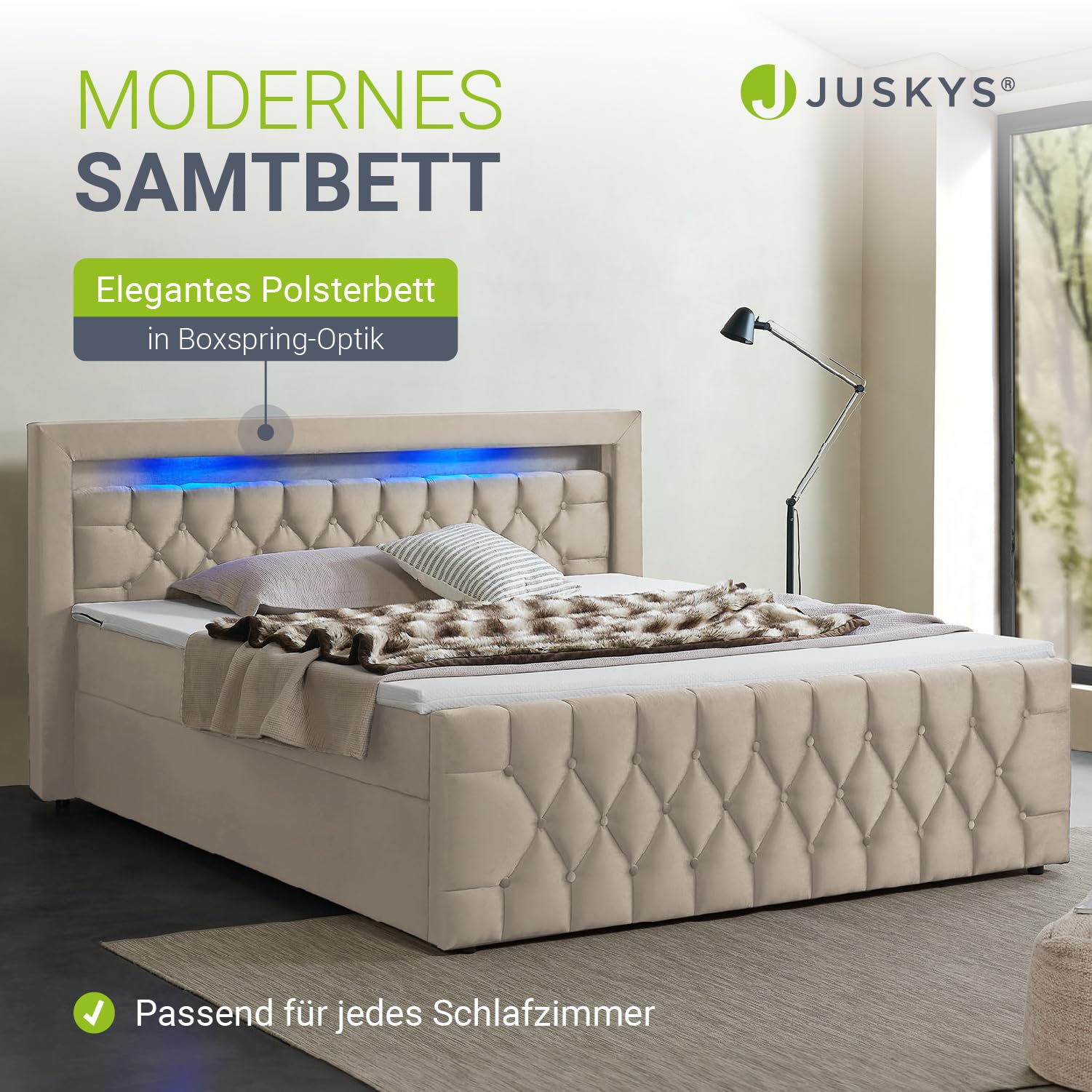 Juskys Boxspringbett Leona 180x200 cm - Bett mit LED Beleuchtung, Topper & H4 Federkern Matratzen - Doppelbett mit Samt und Steppung - Beige