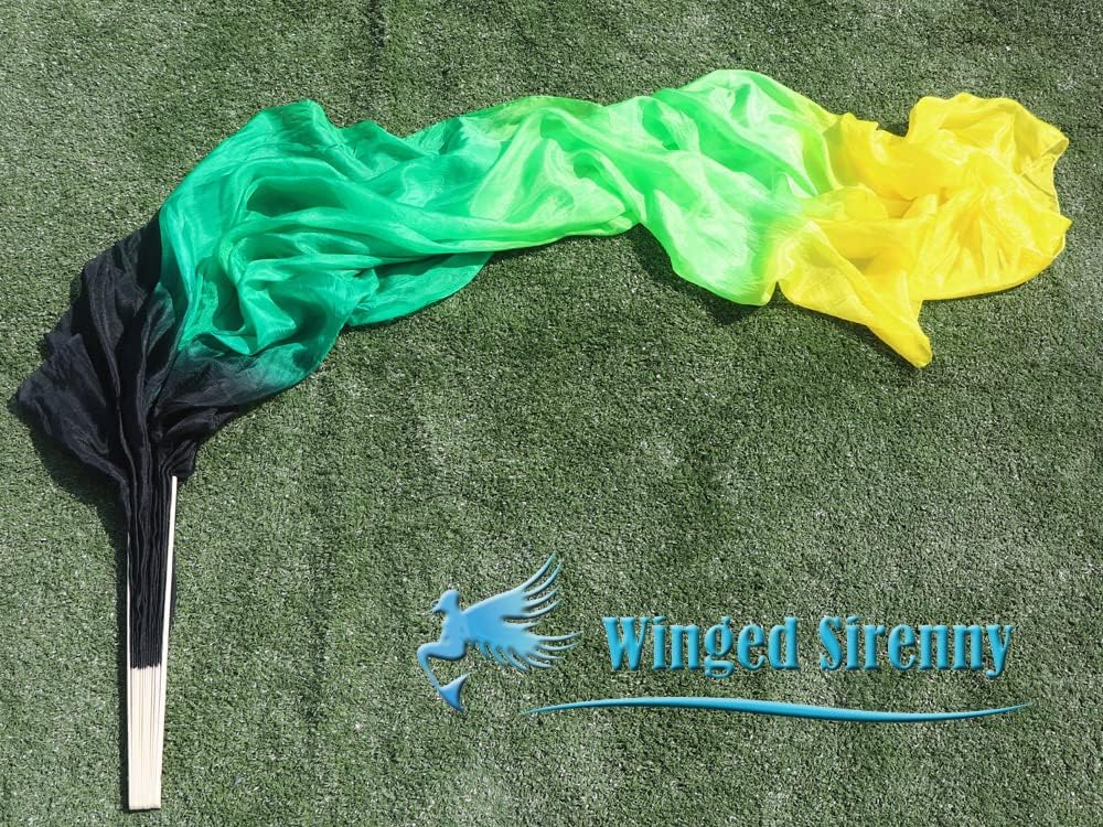Winged Sirenny Belly Dance Silk Fan Veils Adjustable Pairs, 70"(180 cm) Worship Praise Flags Streamers(black-green-yellow)