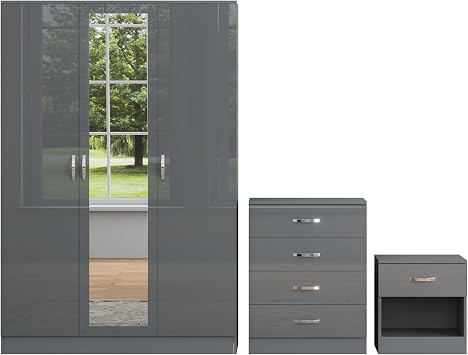 Nera Gloss Grey 3 Piece Bedroom Furniture Set 3 Door Mirrored Wardrobe 4 Drawer Chest & Bedside Table