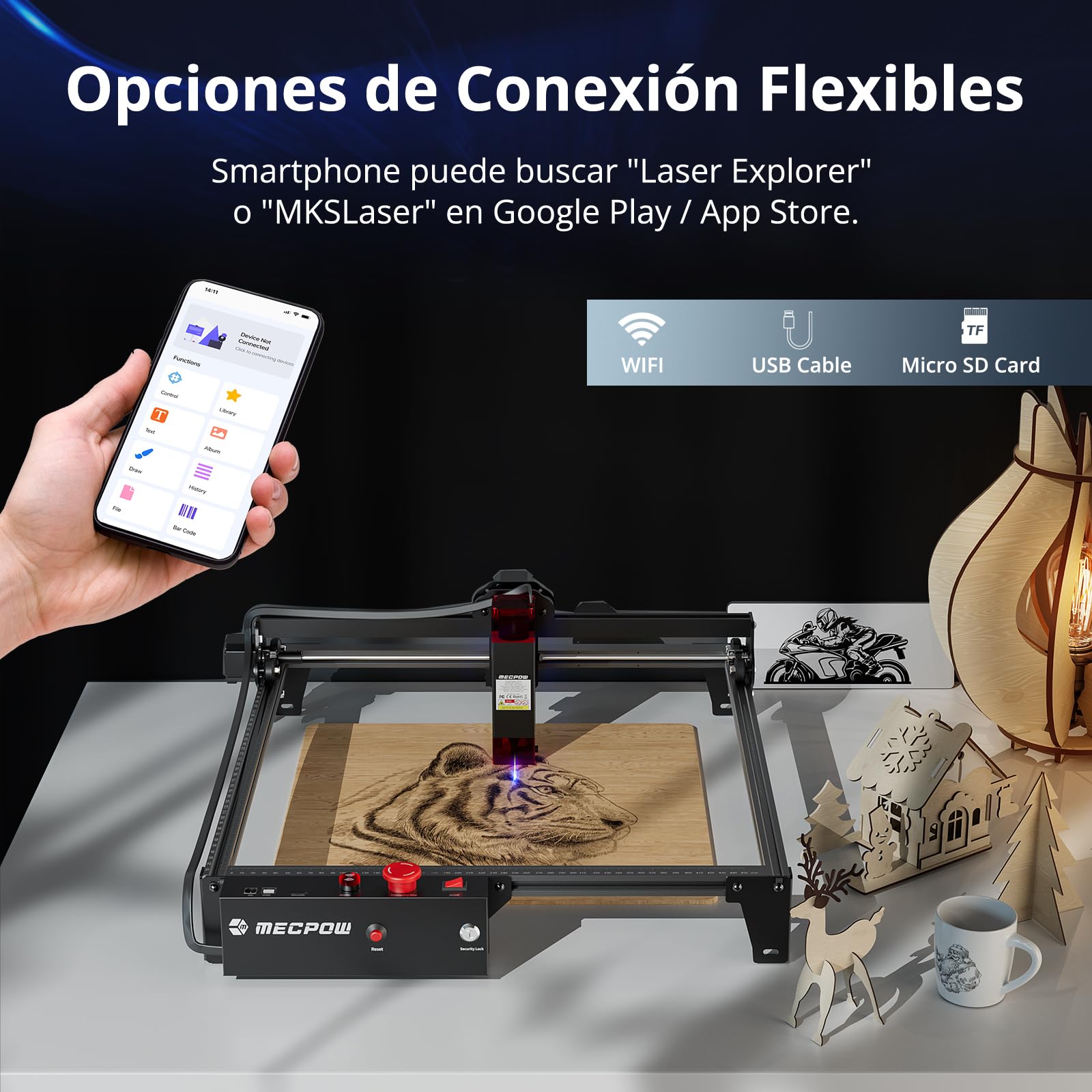 X3 Grabador Laser, 5W CNC Cortadora Laser para Madera y Metal,Grabadora Láser 10000mm/min con Parada de Emergencia, Detección de Llama y Giroscopio, 410 x 400mm