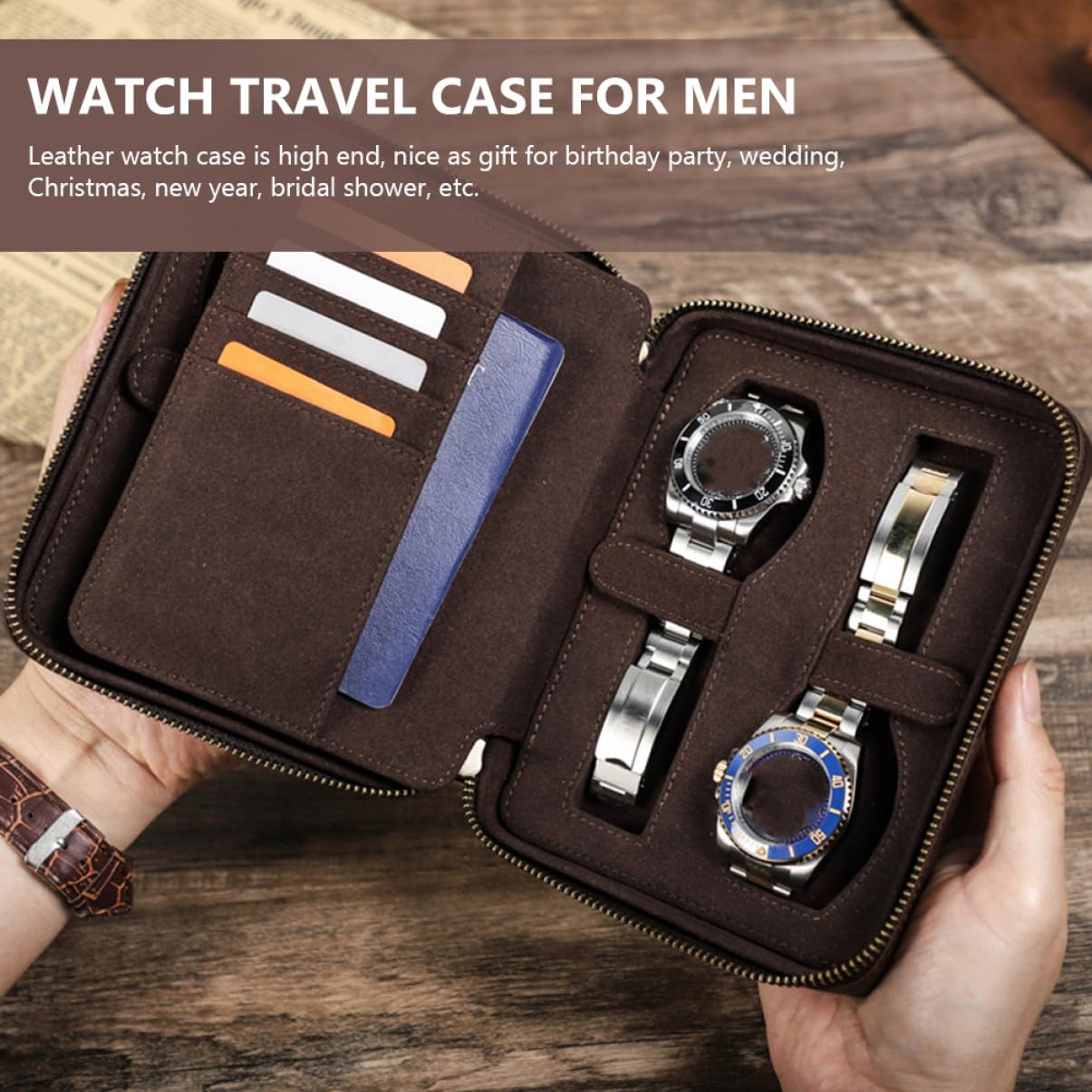 Caja de cuero para relojes con 4 compartimentos para hombres y mujeres, estuche de viaje de estilo vintage con cierre de cremallera y compartimentos laterales, ideal para organizar relojes y tarjeta