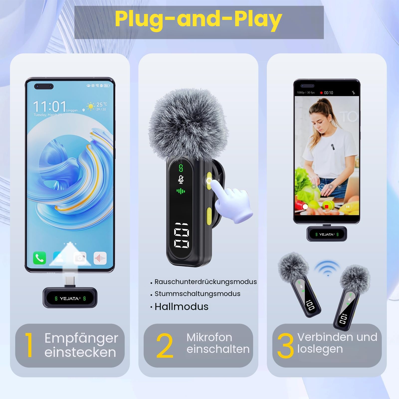 Drahtloses Mikrofon mit digitalem Batterieanzeige - 2er-Pack USB-C Mini-Mikrofon für iPhone 15/16/Android/PC/iPad/Tablet, 360° omnidirektionales Mikrofon mit Geräuschunterdrückung mit 100FT