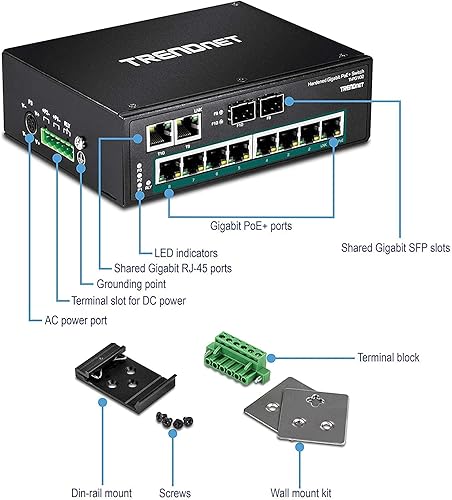 Miniatura 10 de TRENDnet Conmutador industrial Gigabit PoE+ de 10 puertos, 8 puertos Gigabit PoE+, Montaje en carril DIN, 2 ranuras SFP, Presupuesto de alimentación