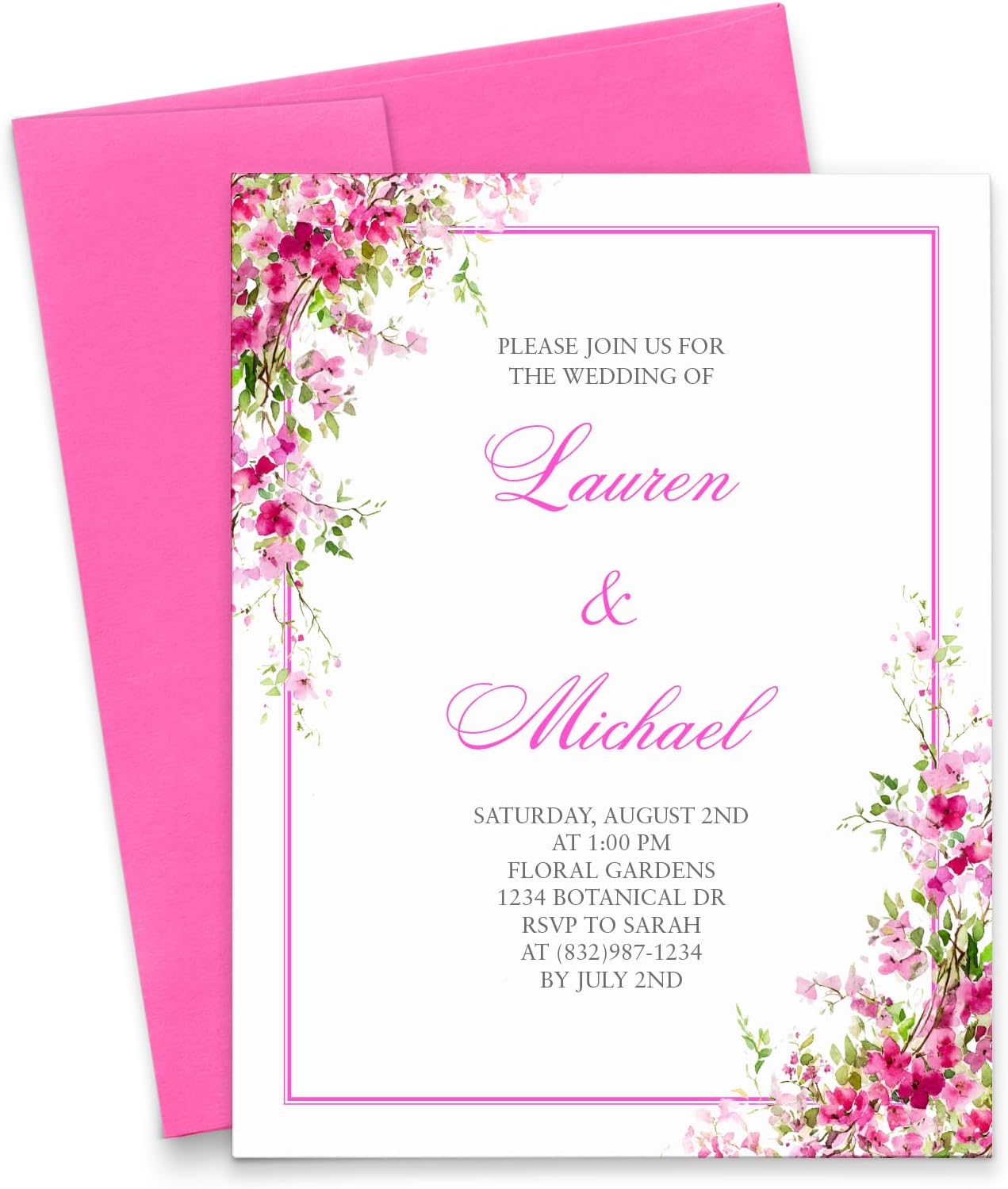 Personalized Floral Wedding Invites, Elegant Wedding Invitations with Florals, Modern Invitation with Envelopes, Pink Marriage Invite, Your choice of Quantity and Envelope Color