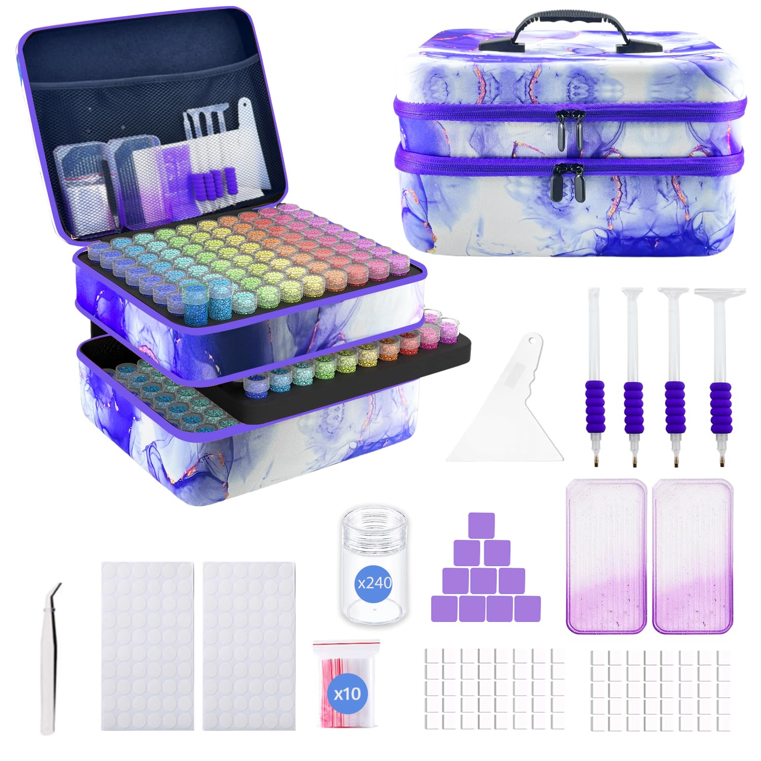 SuSentak Diamond Art Storage Containers with Dot Drill Tools,240 Slots Bead Organizer Case for 5D DIY Art Kits, Portable Craft Box for Diamond