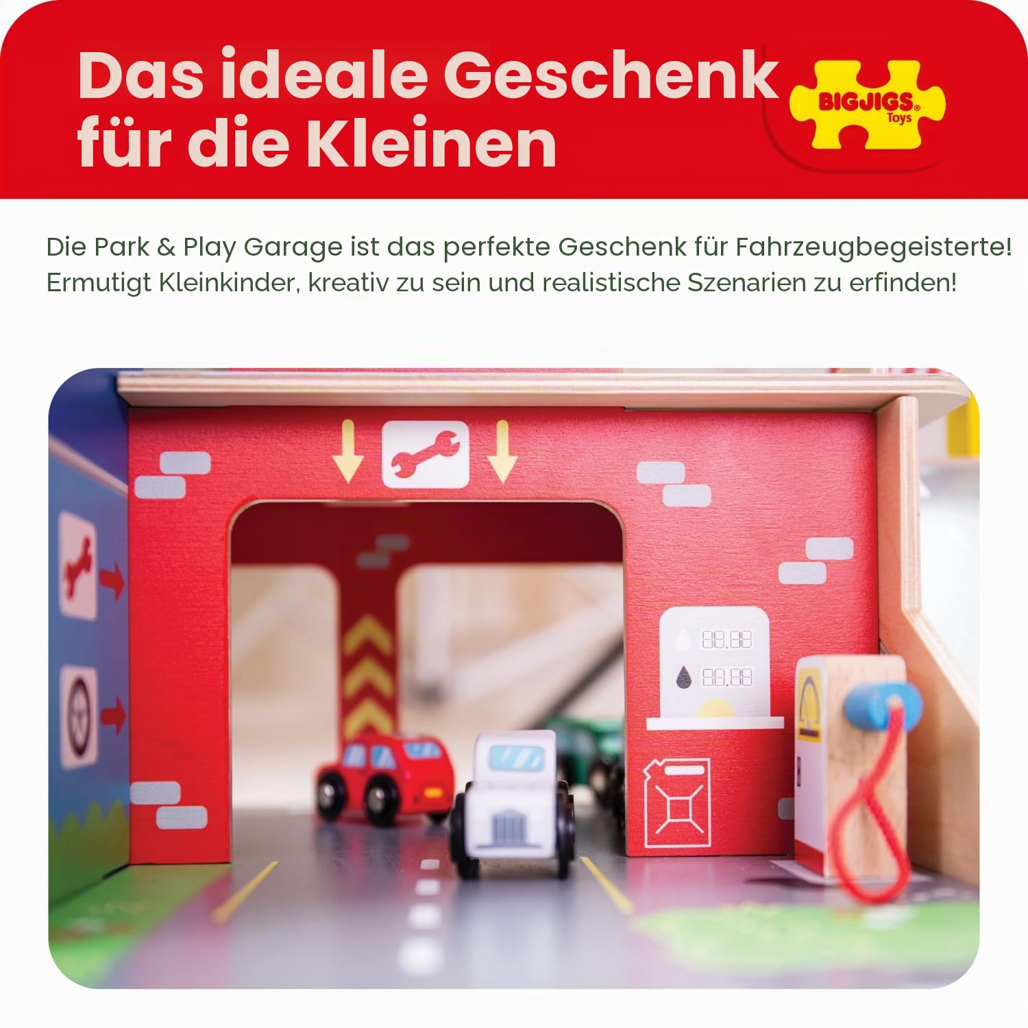 Bigjigs Park & Play Garage-Spielzeug, Holz-Servicezentrum mit Aufzug & Autowaschanlage