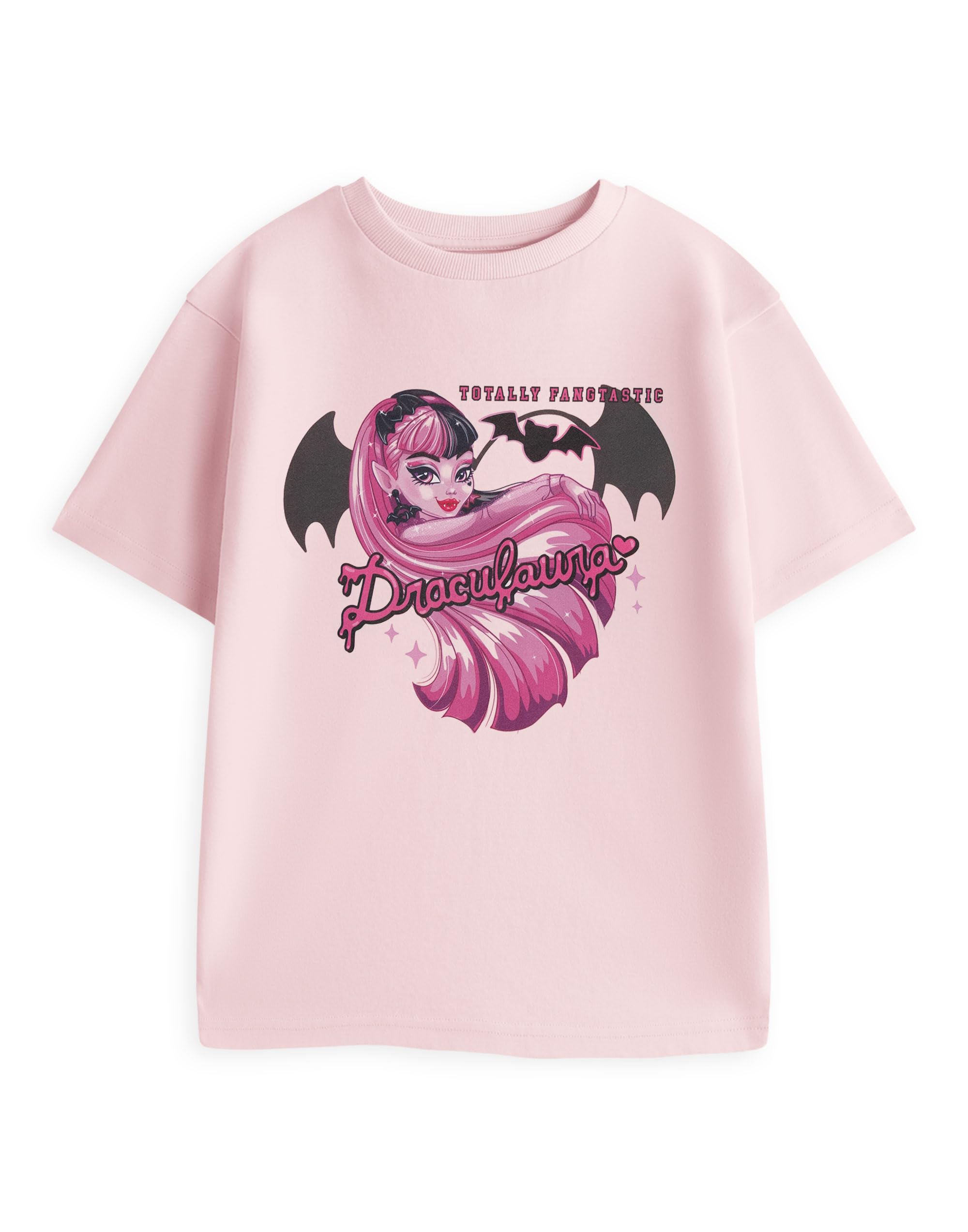 Monster High Girls Draculaura - Pink Draculaura Pink Short Sleeved Graphic Tee | Crew Neck Cartoon Character Top | Streetwear Print T-Shirt | Kids Fangtastic Slogan Tee Merch - 5-6 Years