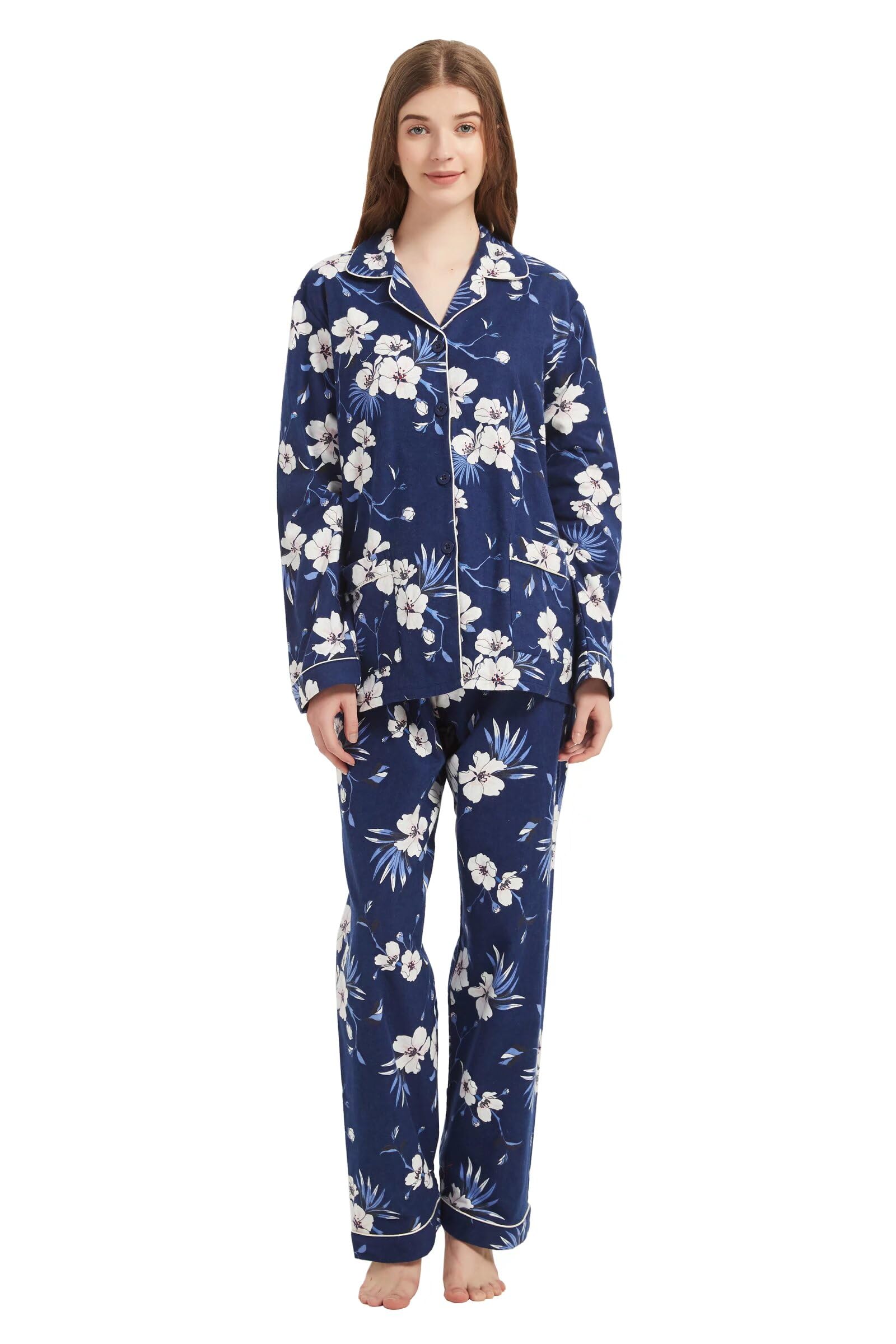 GLOBAL Femme Pyjama Flanelle Manches Long Ensembles de Pyjama Coton Chemises de Nuit Bouton Chaleureux Vêtements de Nuit Confortable