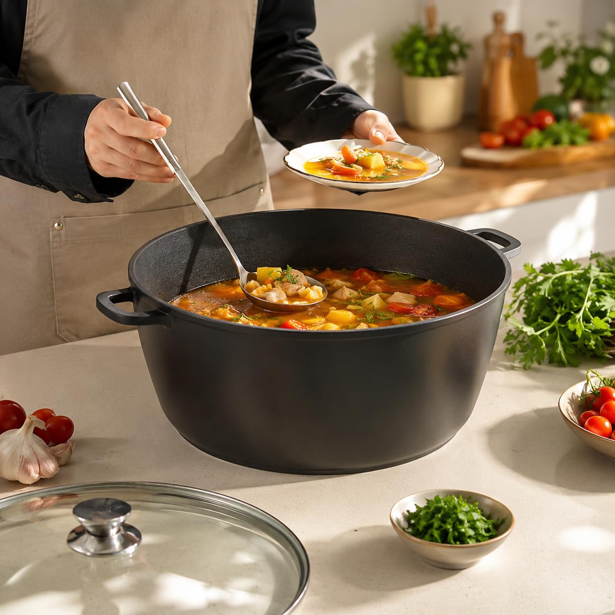 Royal Swiss Faitout 44 cm 25,5 L – Grande Cocotte Fonte d’Aluminium Antiadhésive, Couvercle Verre, Compatible Induction & Four, Cocotte XXXL pour Grandes Préparations, Fond Inox Intégral, Noir