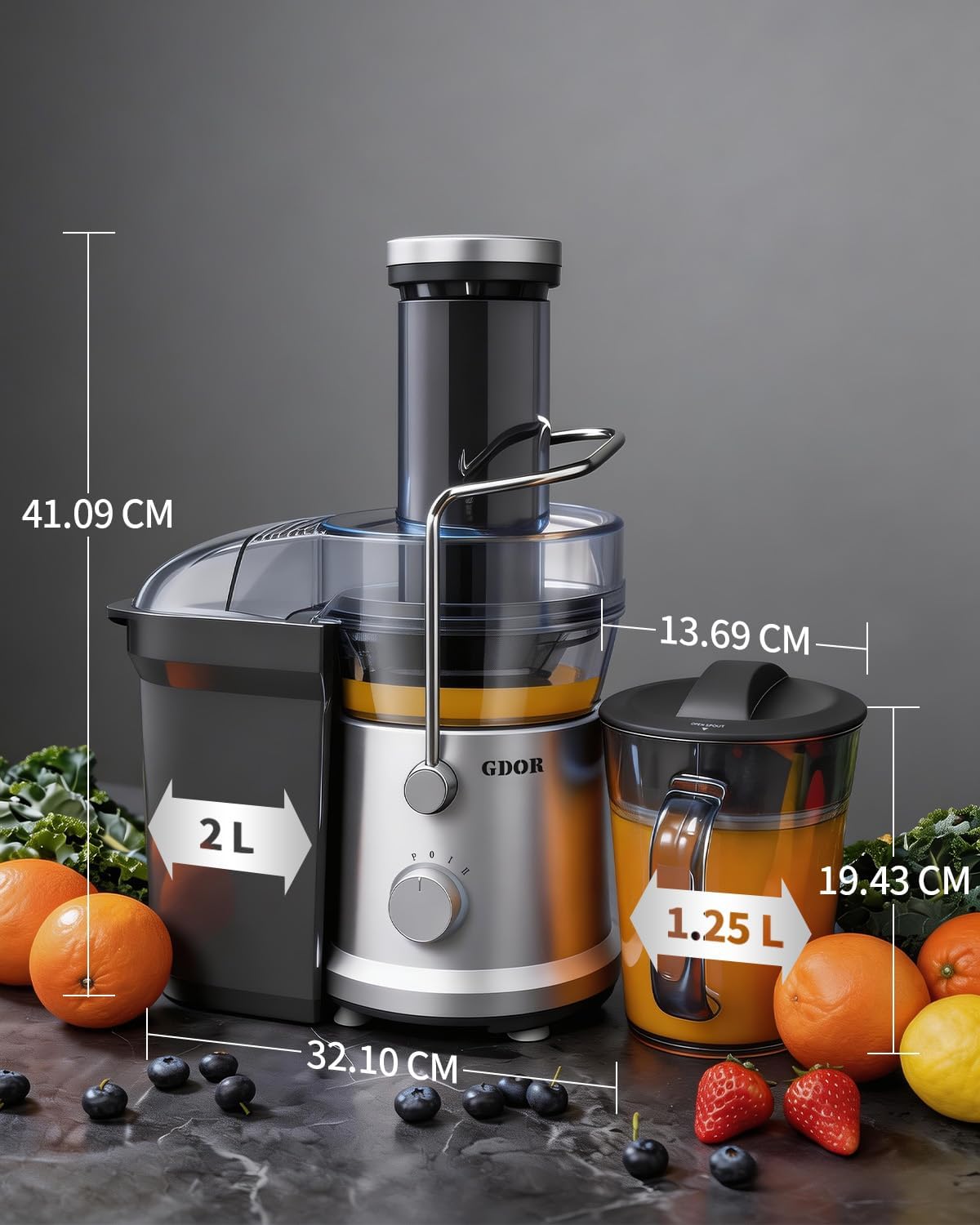 GDOR Spremiagrumi da 1300 W con cassetto extra grande da 81 mm, grande 1,25 l, spremiagrumi per frutta e verdura ad alta resa di succo, spremiagrumi, 3 velocità, facile da pulire, spazzola antigoccia