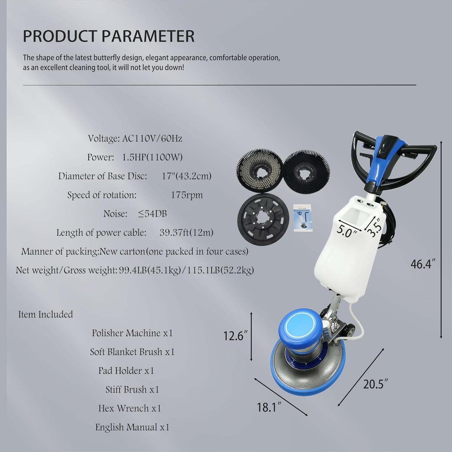 110V Floor Polisher Commercial Floor Scrubber Machine 17" Cleaning Path Carpet Buffer Scrubber with 3.1gal Water Tank 175Rpm 1100W, for Marble/Cement/Epoxy/Rubber Floors/Wood