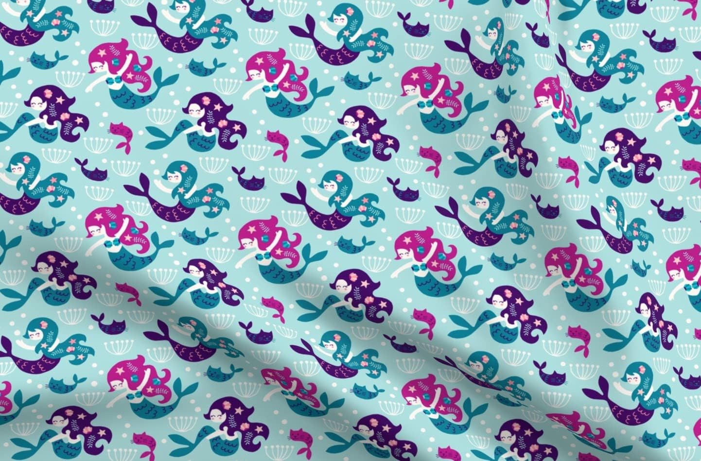 Spoonflower Fabric - Mermaids Purple Mermaid Cats Ocean Starfish Swimming Fish Shells Printed on Minky Fabric by The Yard - Sewing Baby Blankets Quilt Backing Plush