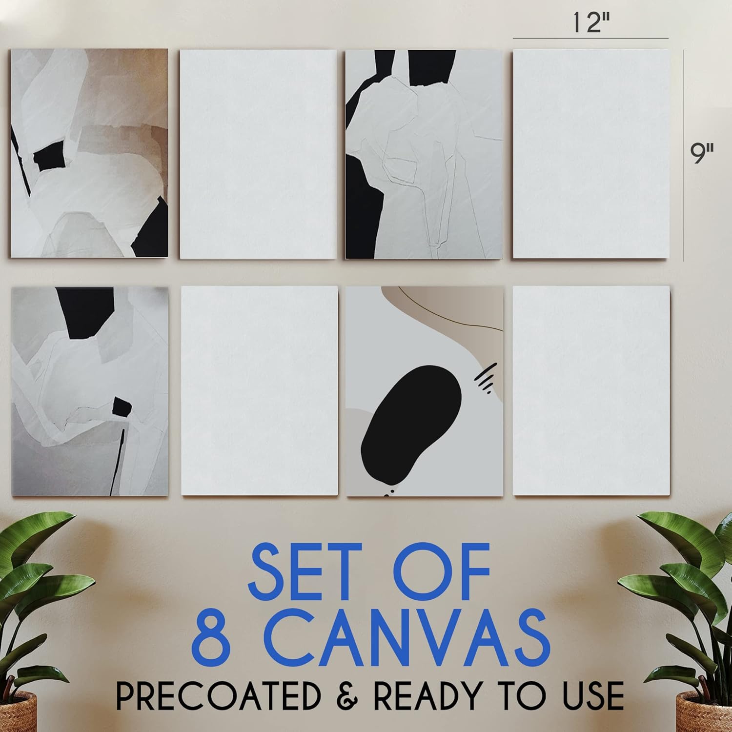 Zenacolor - Stretched White Canvas - Multipack - 9x12, Pack of 8 - Stretched Blank Canvases Boards for Painting, Acrylic, Oil, Dry or Wet Art Media - 100% Cotton, Acid-Free for Long-Lasting Colors