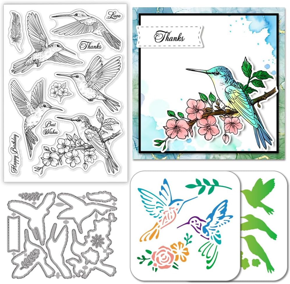GLOBLELAND Hummingbird Clear Stamps Cutting Dies PET Painting Stencils for Card Making Flowers and Birds Silicone Stamp Greetings Die Cuts PET Paint Stencils for DIY Scrapbooking