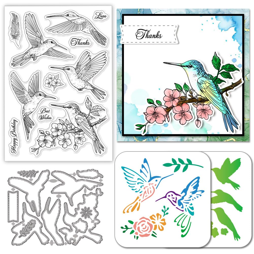 GLOBLELAND Hummingbird Clear Stamps Cutting Dies PET Painting Stencils for Card Making Spring Flowers Birds Silicone Stamp Metal Greetings Words Die Cuts PET Paint Stencils for DIY Scrapbooking