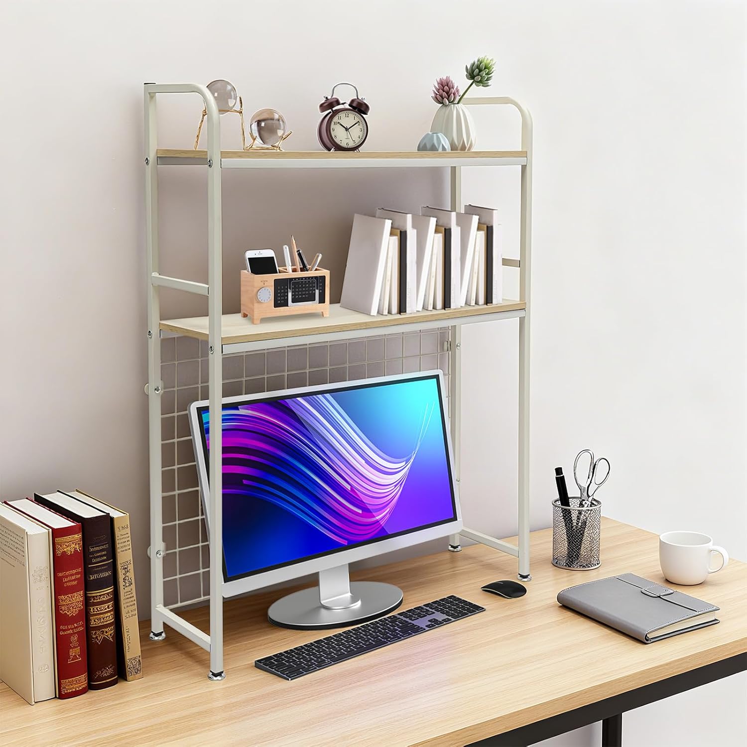 Desktop Hutch Bookshelf Metal White 2-Tier Desk Shelf with Grid Panel Modern Computer Desktop Storage Organizer for Office, Home, Dorm, 29.53L*7.87W*38.58H inch