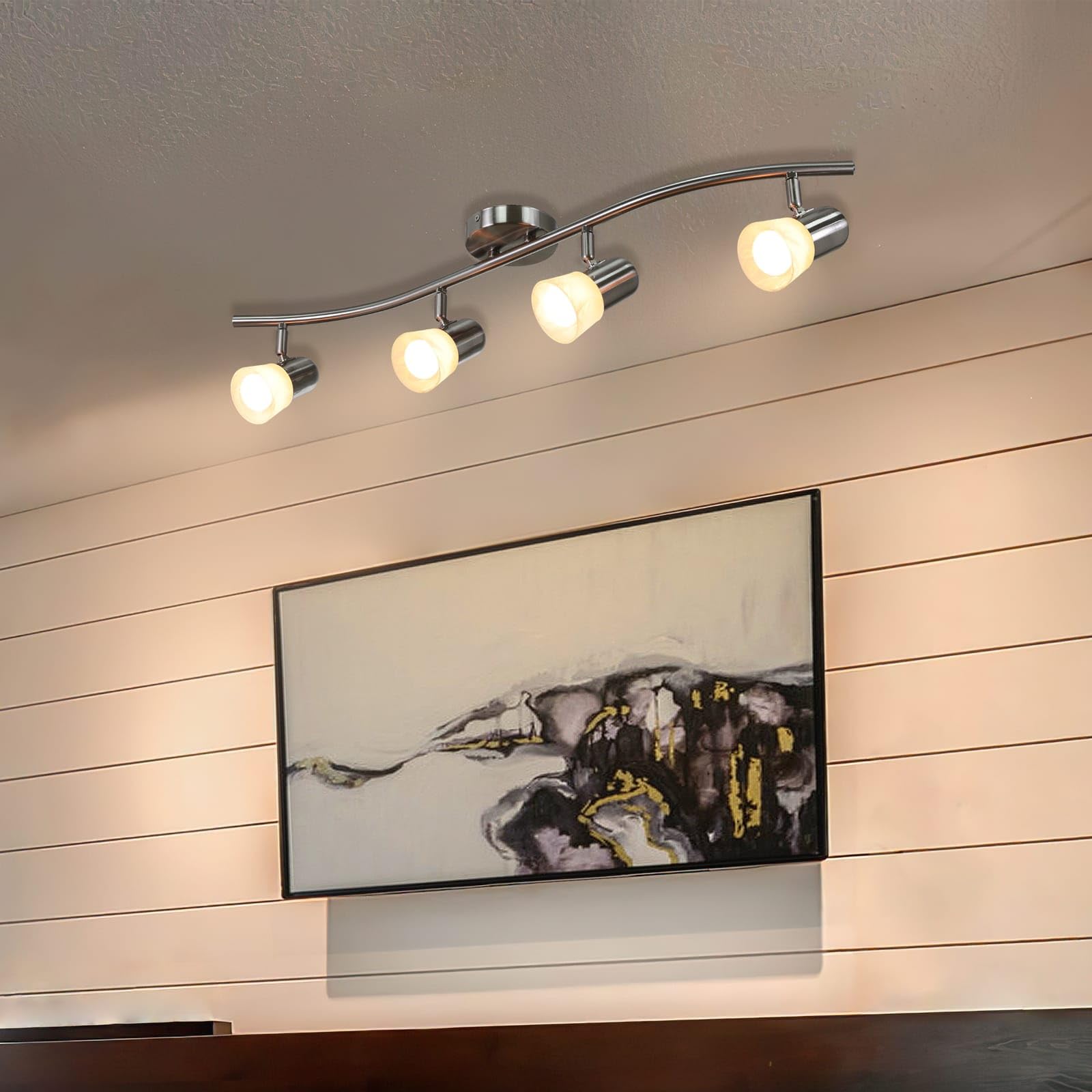 Flush Mount Ceiling Light 4 Light Track Lighting Bar - Modern Brushed  Nickel With Alabaster Glass For Kitchen \u0026 Living Room Curved Track Light Kit, image size:1600x1600