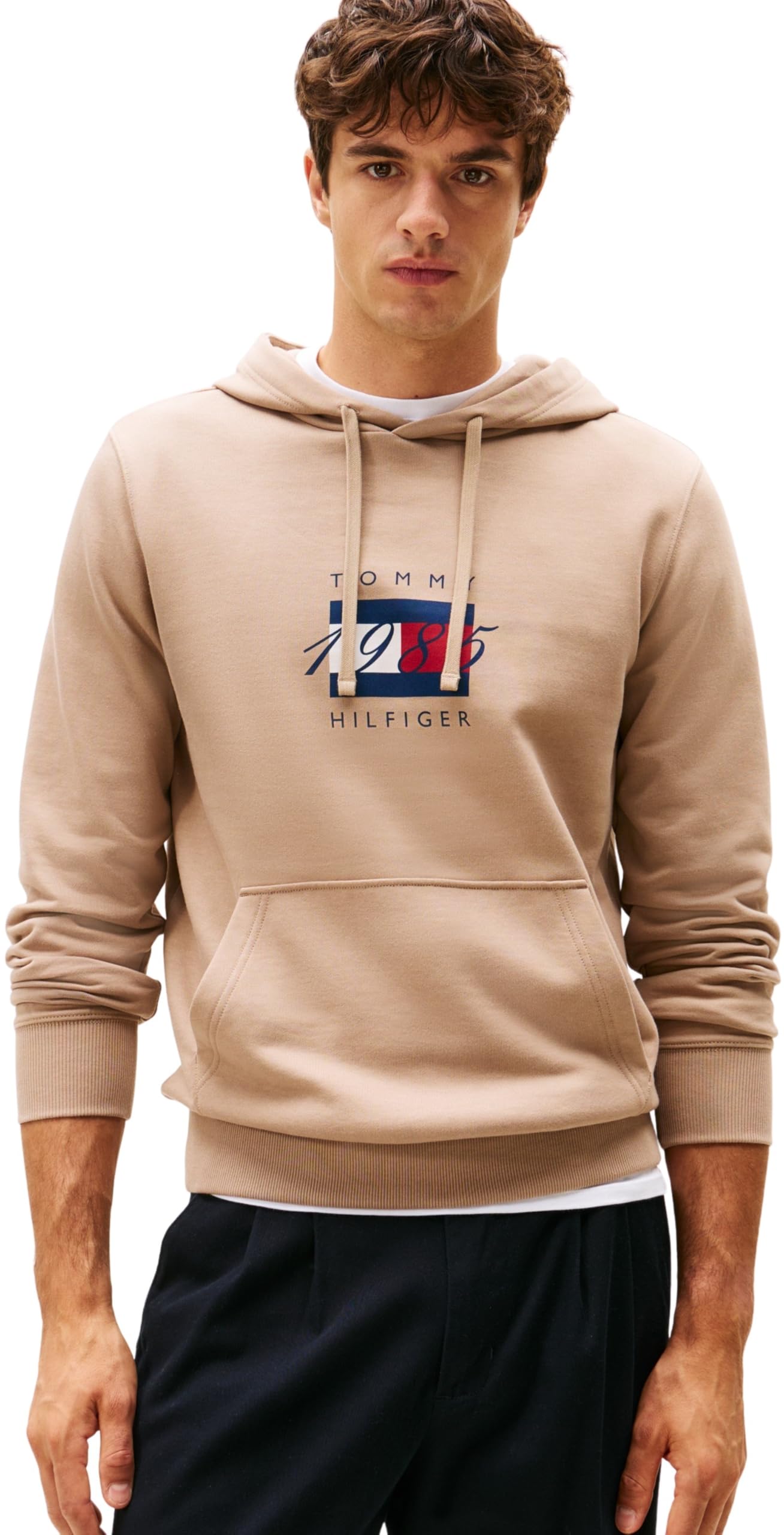 Tommy Hilfiger Men’s Linear Flag Graphic Cotton Hoodie, Beige (Coastal Taupe), XXL