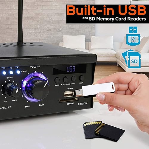 Miniatura 5 de Pyle Amplificador estéreo inalámbrico Bluetooth para el hogar, amplificador de potencia de 2 x 120 W, sistema receptor Bluetooth de audio para el