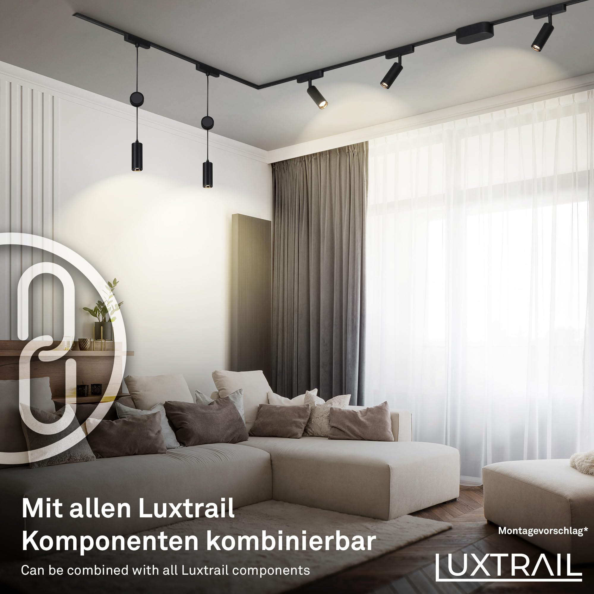 BRILONER - Sistema de carriles Luxtrail set de prolongación, 2x LED spots, extensible, orientable, lámparas, sistema de carriles techo, carril proyector, 1m, negro