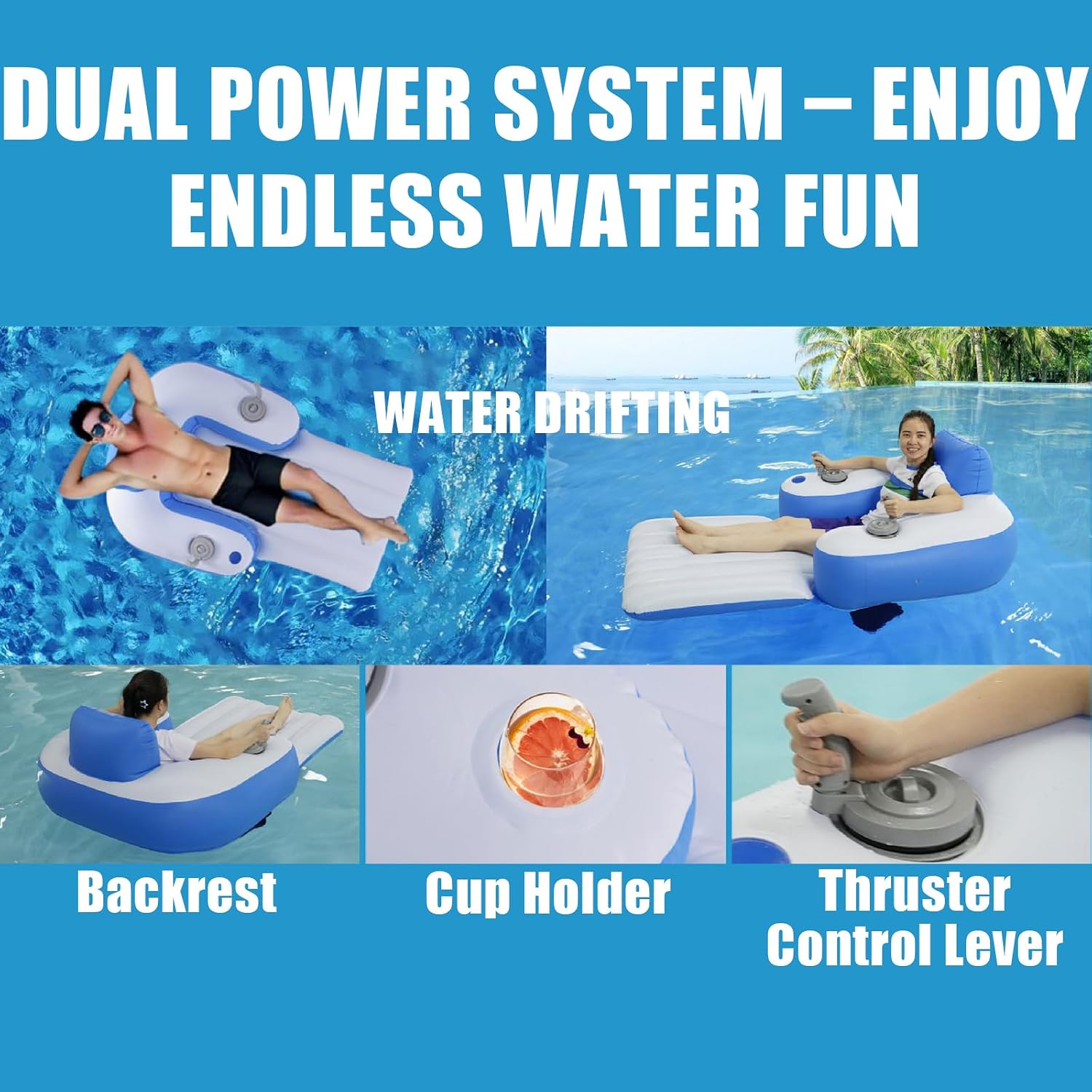 Motorized Inflatable Pool Float for Adults, Dual 66W Motor Rechargeable with Backrest & Cup Holder, Portable Electric Water Float for Pool Lake River Beach Summer image 5