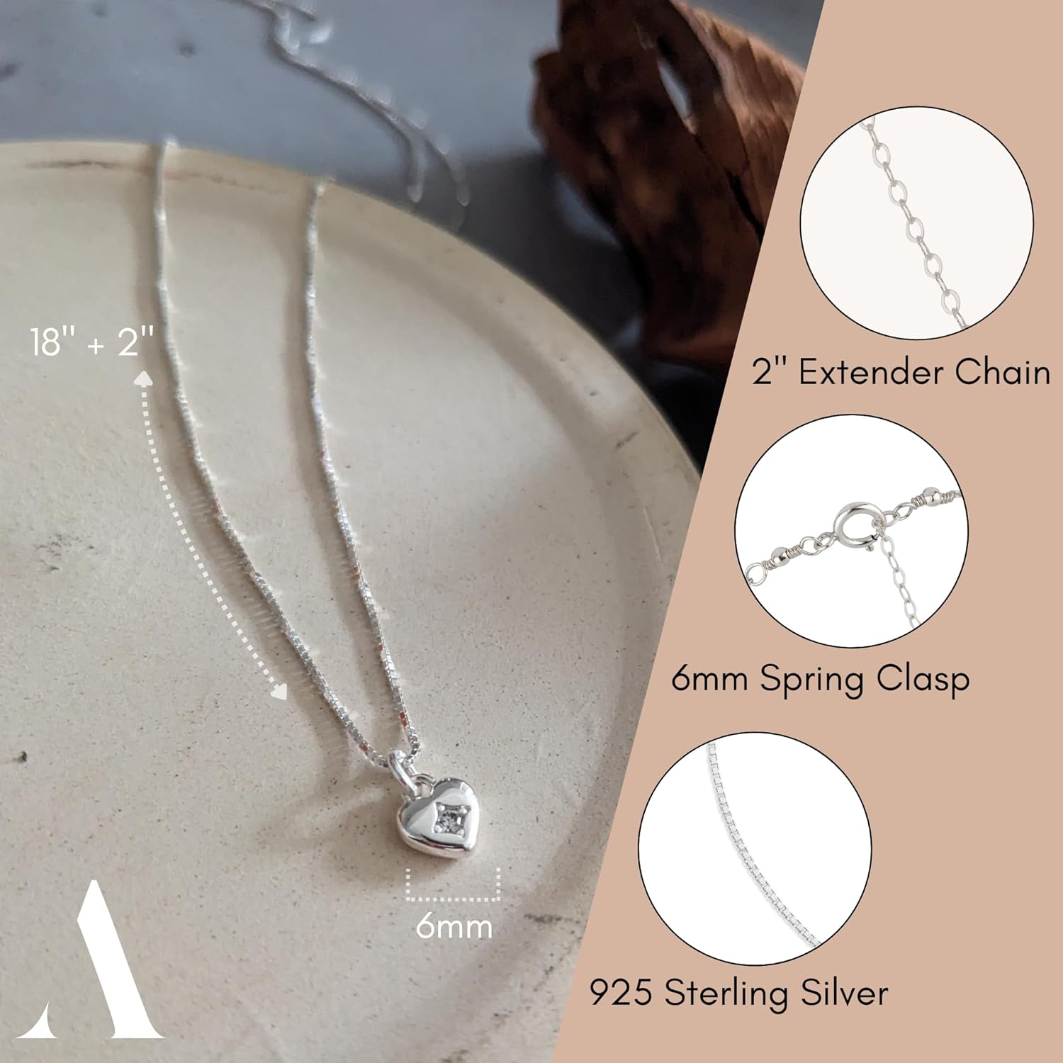Annika Bella Dainty Sterling Silver Heart Necklace, 925 Chain, Charm Necklaces, Valentine's Day Gift for Girlfriend/Her, CZ / 3D / Heart Frame